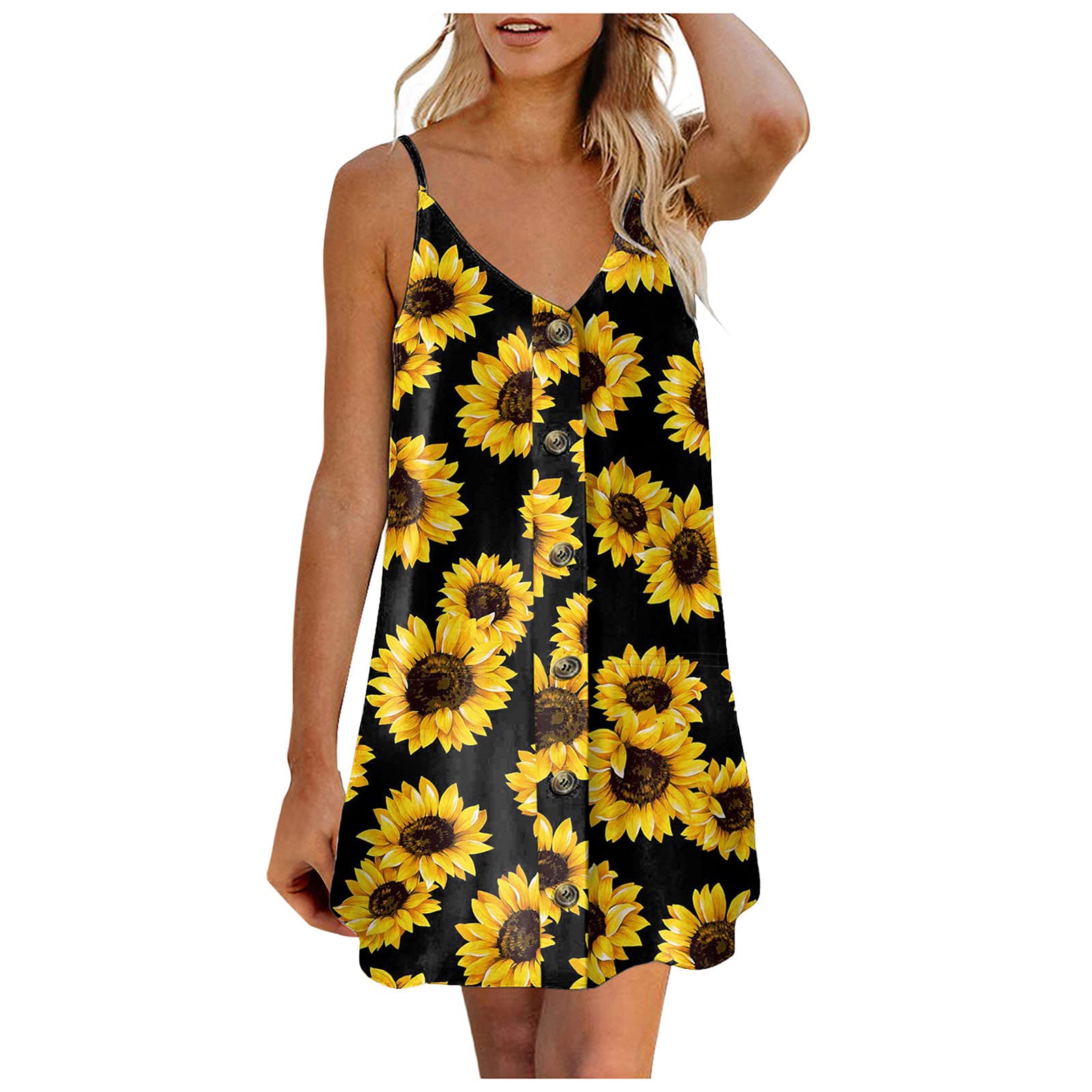 Women's Summer Casual Sleeveless V-Neck Mini Dress - Button Down Spaghetti Strap Black Dress for Beach, Party & Vacation | Lightweight Comfortable Sundress