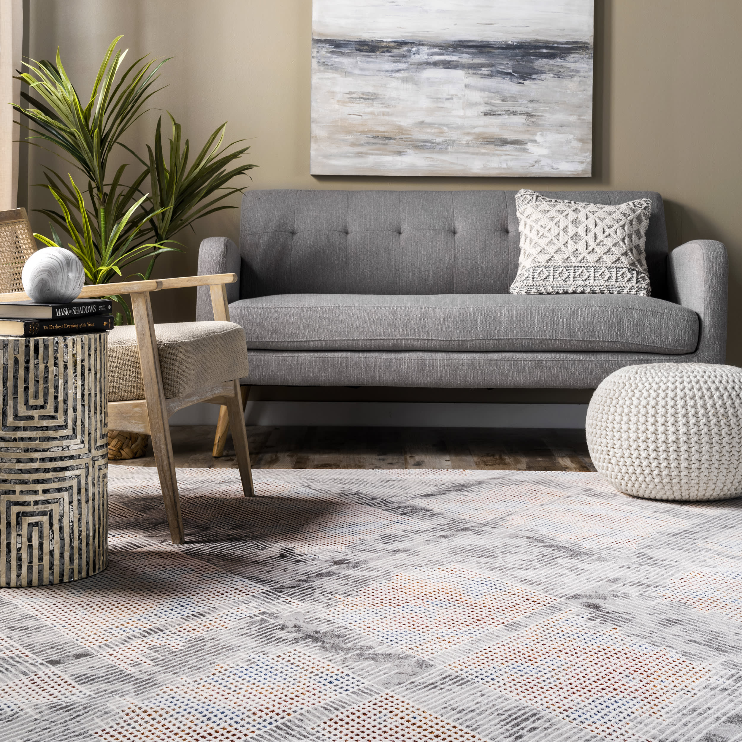 Modern Crosshatched Lattice Area Rug - Light Grey Washable Non-Slip Living Room Carpet for Bedroom, Dorm & Home Decor