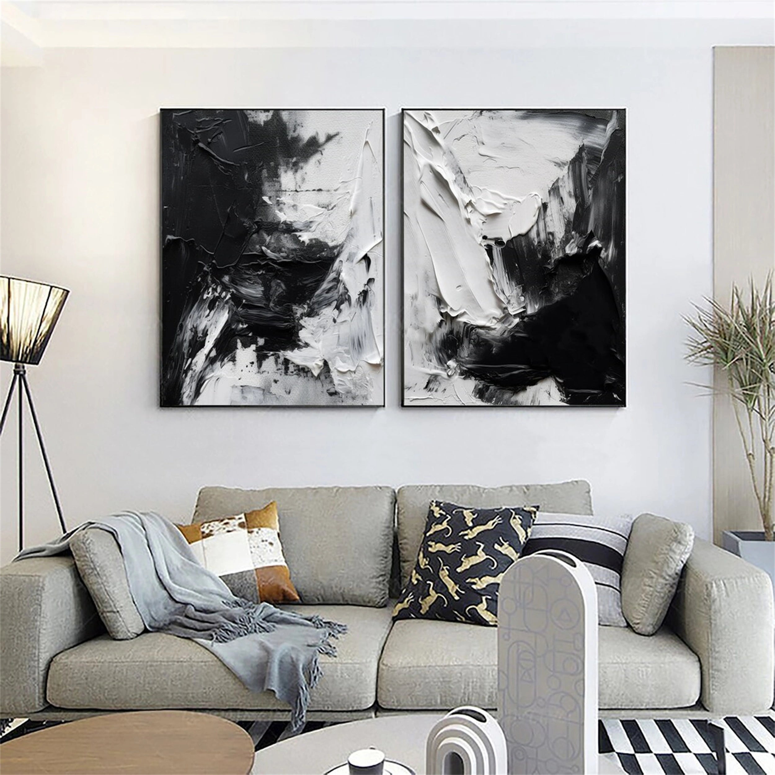 Black and White Textured Minimalist Wall Art Set of 2 - Modern Abstract Canvas Prints for Living Room, Bedroom & Office Decor #MZ064