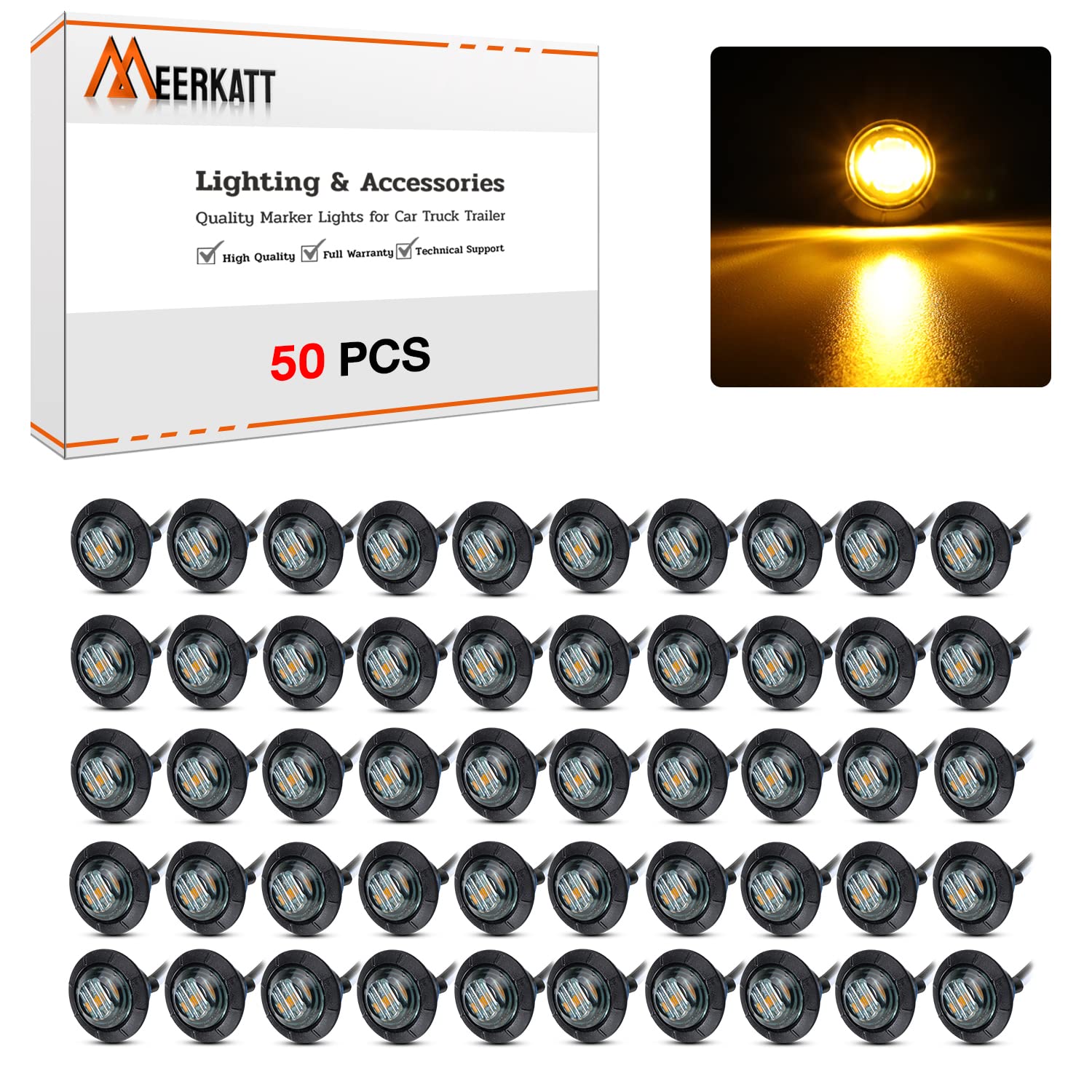 50 Pack MADCATZ Meerkatt 3/4 Inch Mini Round Smoked Amber LED Side Marker Lights - 12V DC Clearance Lights for Trucks, Vans, Boats, Trailers & Buses with Grommets - Perfect for Night Visibility & Vehicle Safety