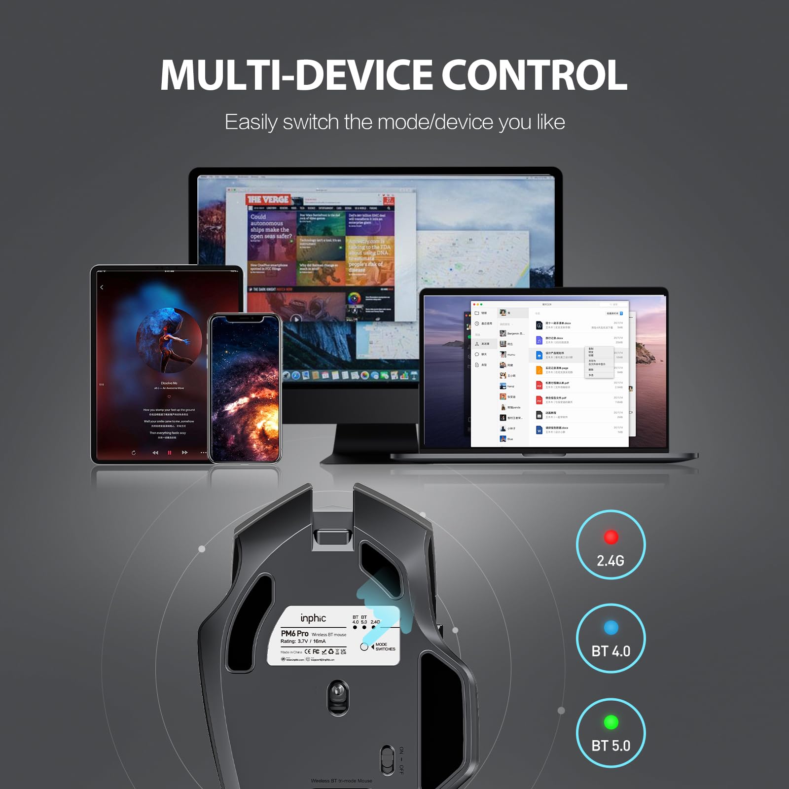 INPHIC Rechargeable Wireless Bluetooth Mouse - Tri-Mode (BT 5.0/4.0 + 2.4G) Multi-Device Silent Mouse with Battery Indicator, Ergonomic Gray Computer Mouse for Laptop, PC, MacBook & Office Work