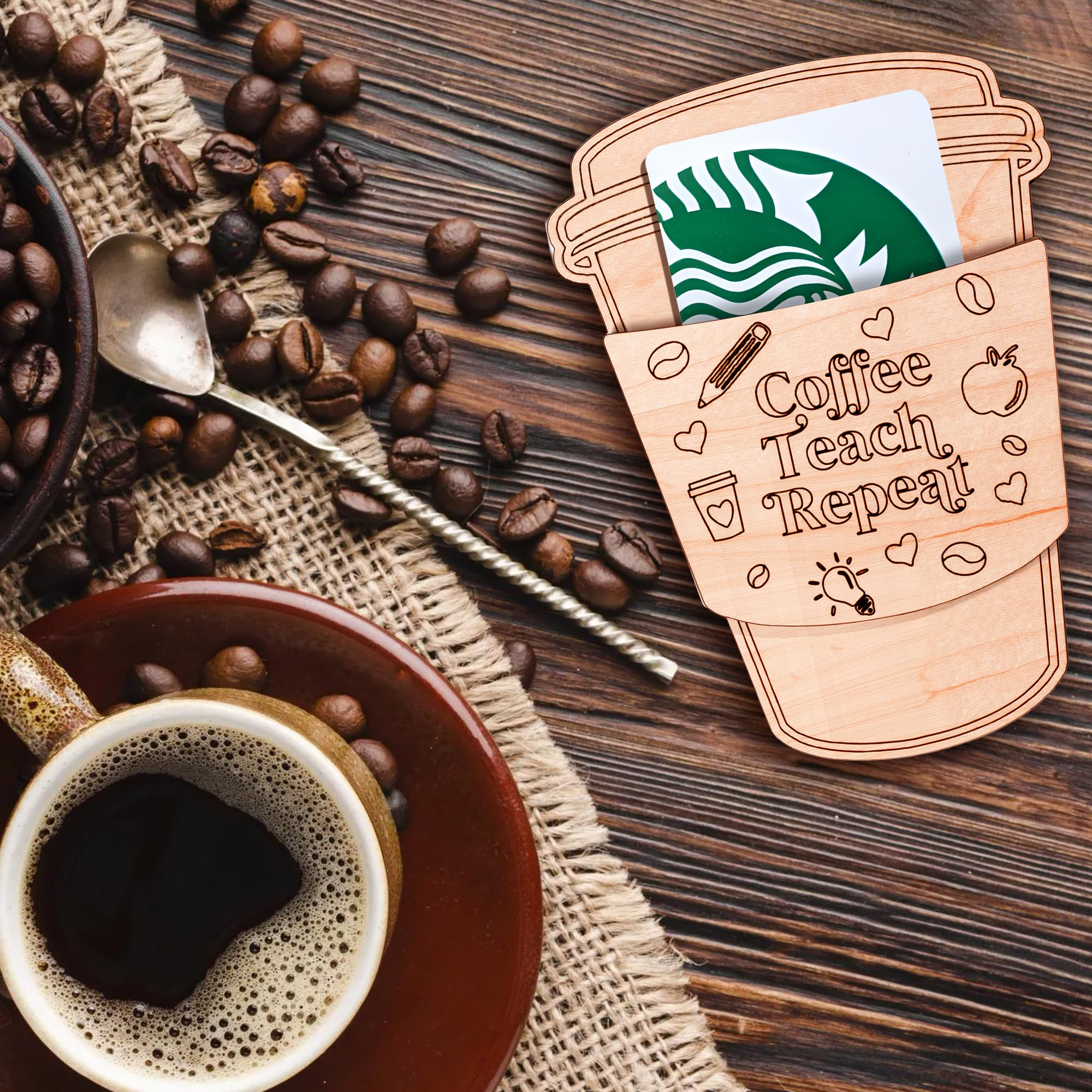 Teacher Gift Card Holder - Coffee Teach Repeat - Sturdy Plywood for Women & Men - Perfect for Teacher Appreciation & End of Year
