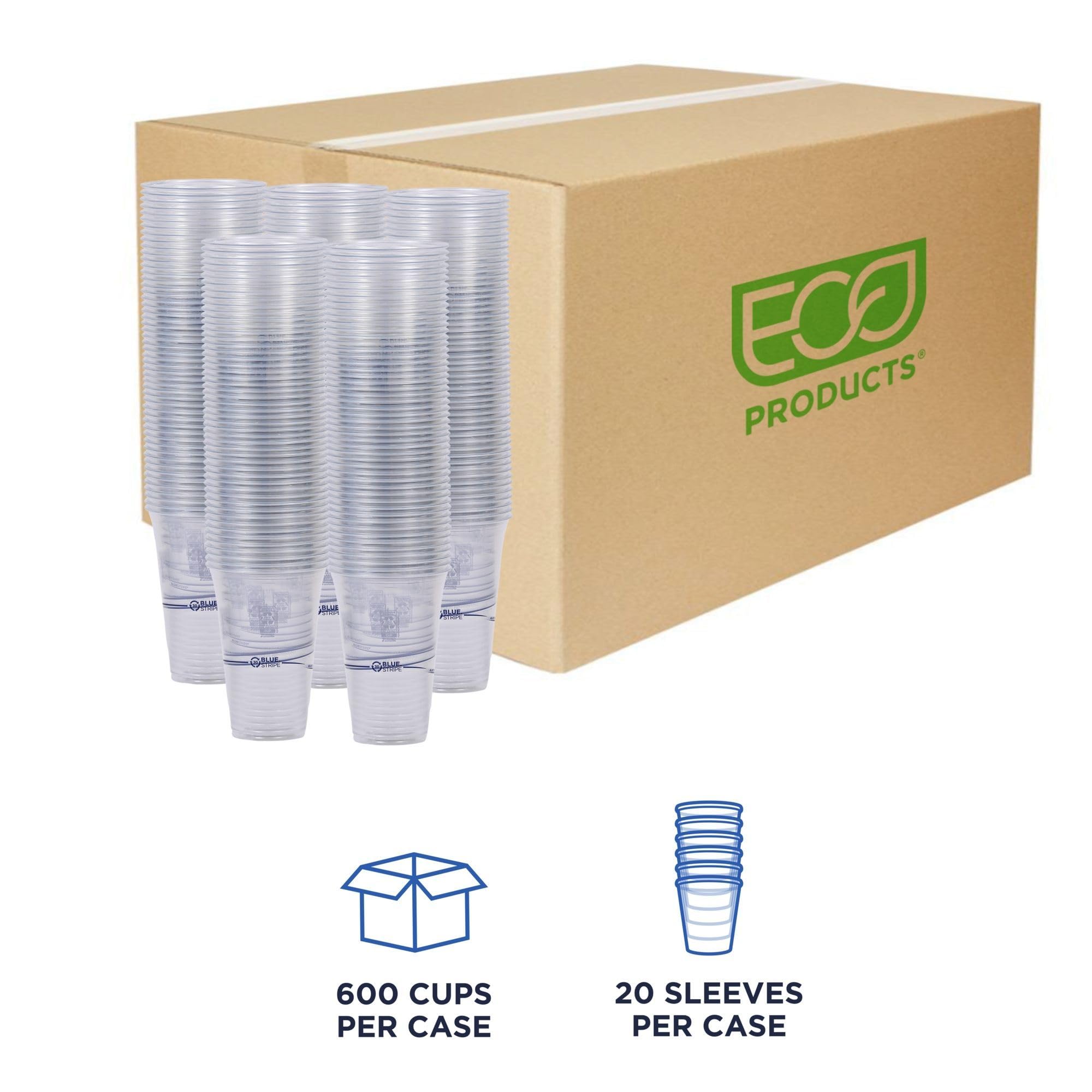 ECO PRODUCTS BlueStripe Recycled 24oz Plastic Cups - Case of 600, 30% Post-Consumer Recycled PET (rPET) - Clear Cold Drink & Snack Cups for Parties, Picnics, BBQs, and Office Events