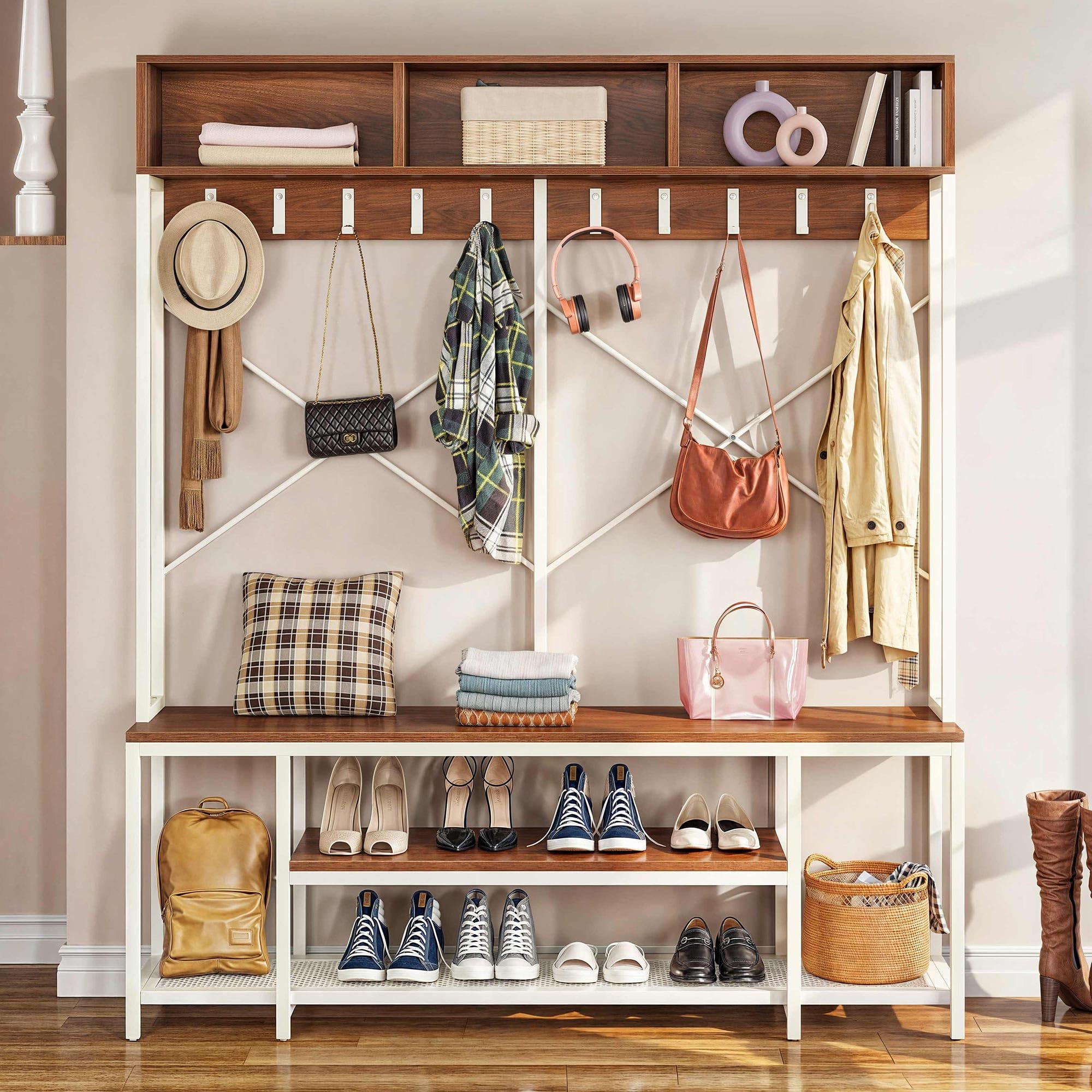 YITAHOME 5-in-1 Industrial Entryway Bench with Coat Rack & Shoe Storage - Freestanding Hall Tree with 10 Hooks & Shelves for Hallway, Bedroom, Living Room - Walnut/White Finish - Perfect for Small Spaces & Home Organization