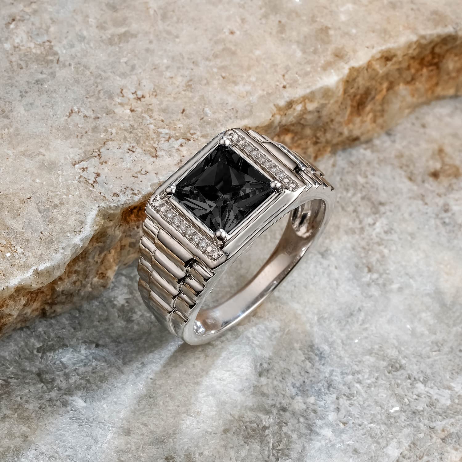 1/20 ct Natural Diamond & Gemstone Men's Ring - 925 Sterling Silver with Garnet, Onyx & Blue Topaz | Textured Jewelry Gift for Him | Perfect for Weddings, Anniversaries & Special Occasions
