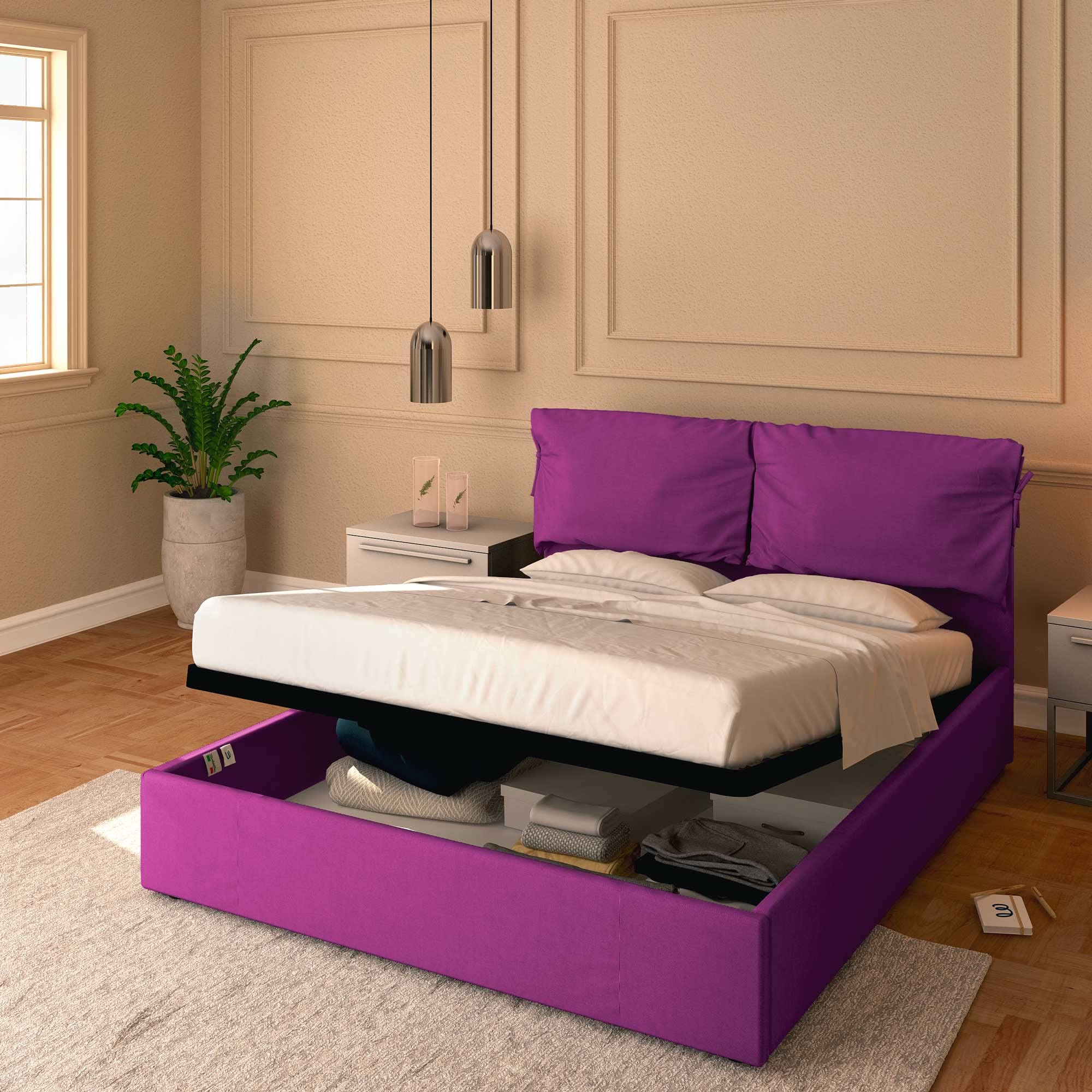 Baldiflex Queen Size Storage Bed with Upholstered Headboard - Licia Soft Fabric Platform Bed Frame, Slatted Base for 140x200cm Mattress, Fuchsia Pink - Perfect for Small Bedrooms & Guest Rooms