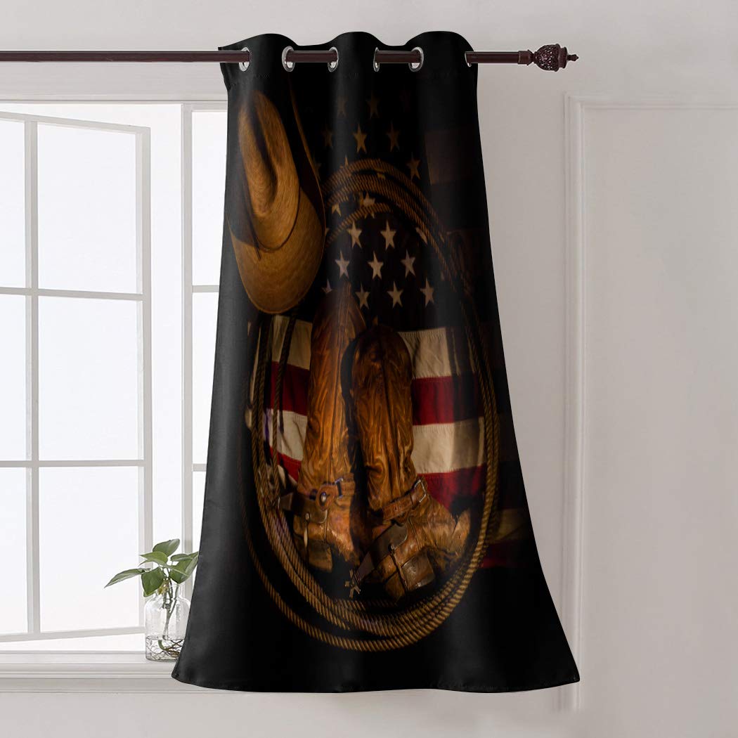 52 Inch Window Tier Curtains - Privacy Protection Nursery & Room Drapes for Laundry, Bathroom & Kitchen Decor | Western USA Theme with Cowboy Hat, Boots & Rope Design on American Flag Pattern - Perfect for Farmhouse, Country Style Home & Cabin Decor