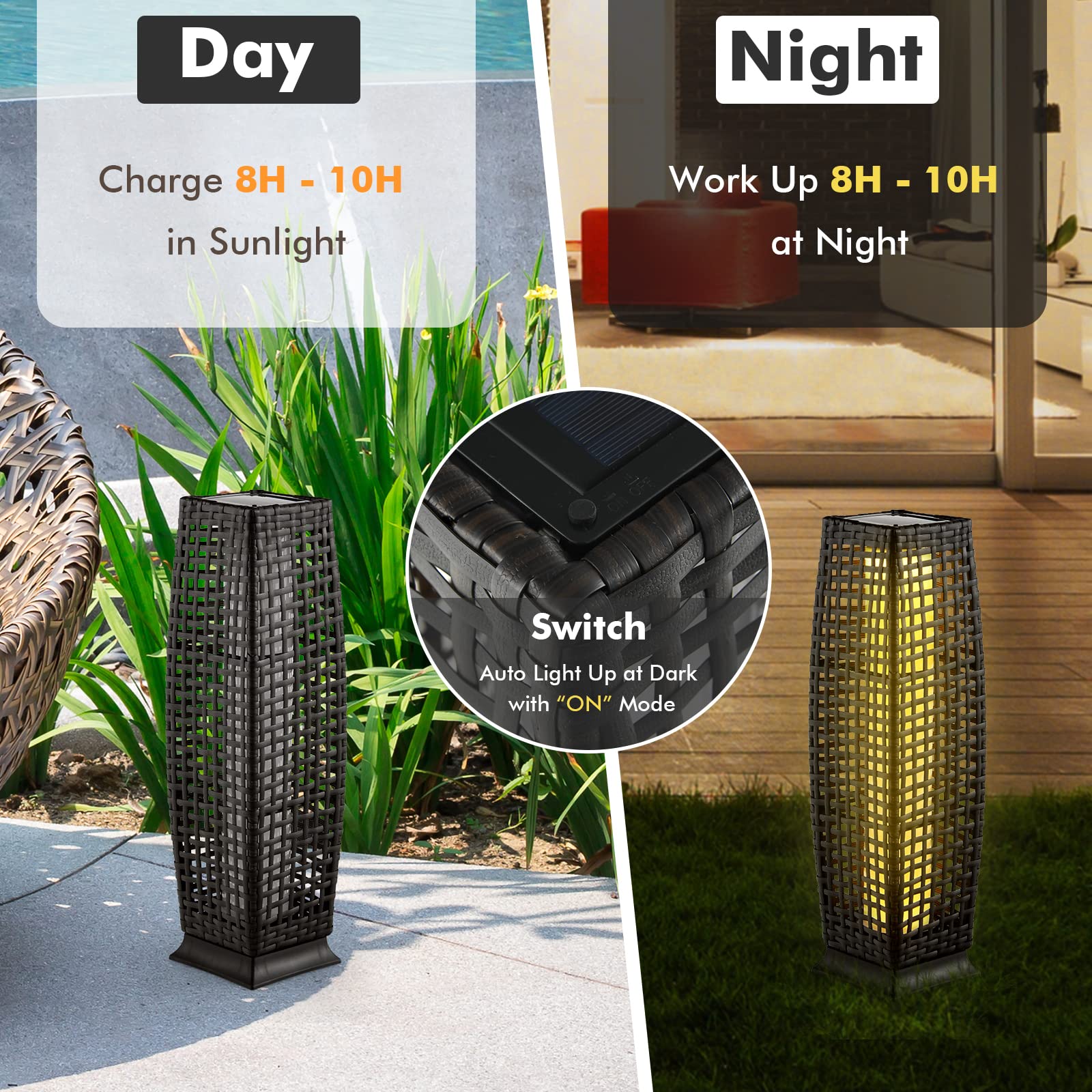 Tangkula 2-Piece Outdoor Solar Powered LED Floor Lamps - IP65 Waterproof Wicker Design with Auto On/Off for Garden, Patio, Porch, Deck & Pathway Lighting | Weather-Resistant Decorative Lanterns (Cross-Black) - Perfect for Evening Gatherings & Landscape Illumination
