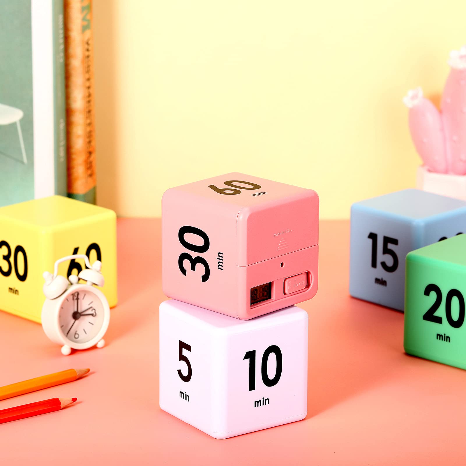 2-Pack Cube Timers with Gravity Sensor - 1/3/5/10/15/20/30/60 Minute Settings for Kids Study, Workout & Games (White & Pink) - Perfect for Classroom, Home & Office Time Management