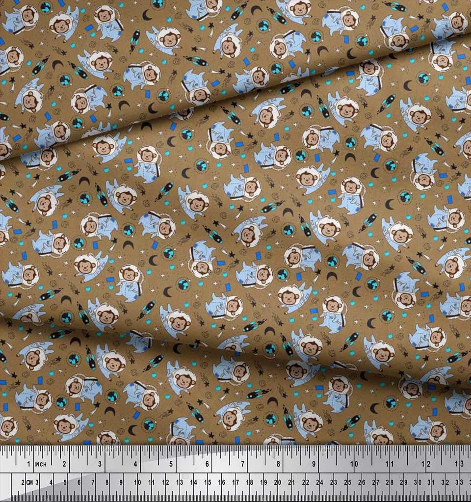 Soimoi Rayon Brown Fabric by The Yard - 42 Inch Wide - Rocket Planet Astronaut Monkey Cartoon Kids Textile - Cosmic Playful Printed Fabric for Kids Fashion, DIY Projects, Costumes & Home Decor