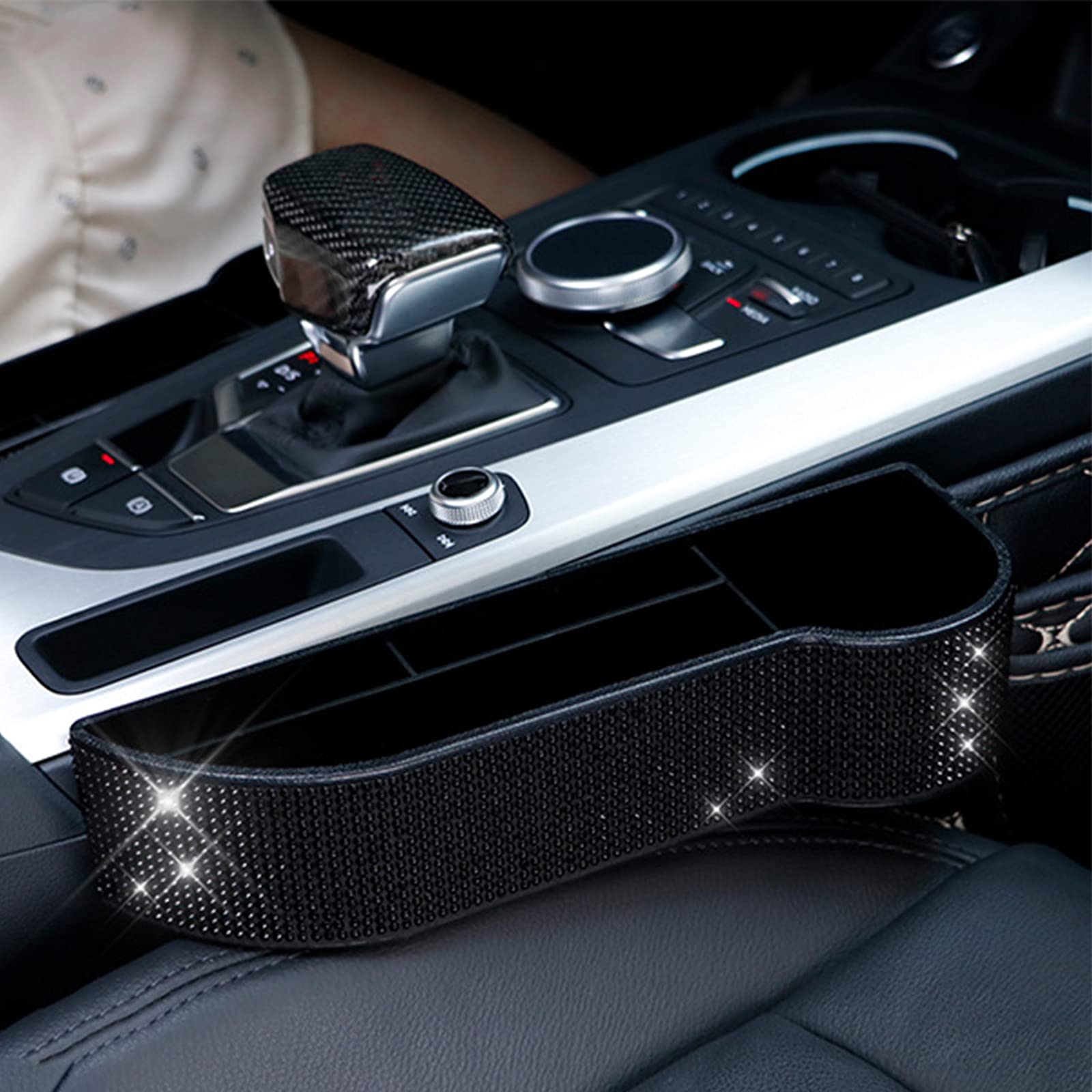 Diamond Crystal Car Seat Organizer - Console Side Pocket Storage Caddy for Phone, Wallet & Keys | Gap Filler with Bling Design | Black Driver Side (1PC) | Perfect for Road Trips & Daily Commutes