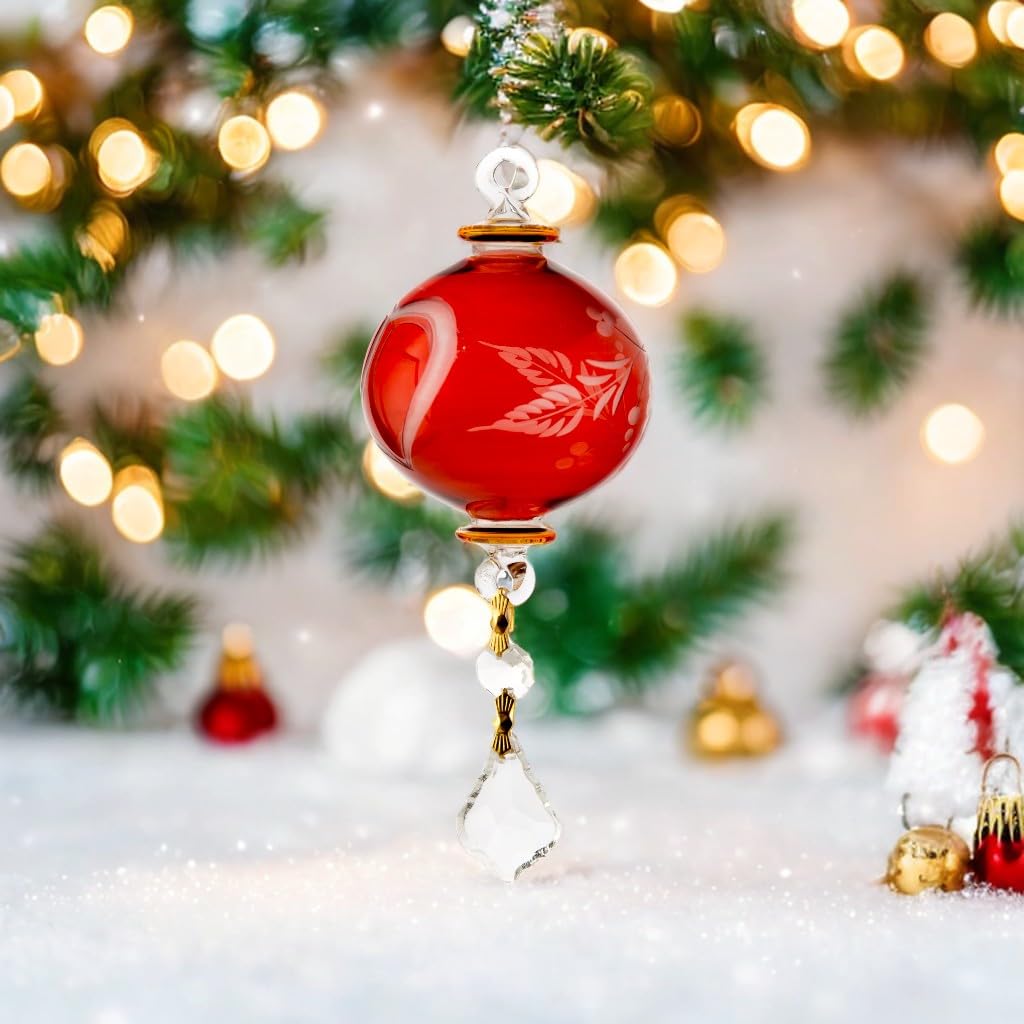 Handmade Blown Glass Christmas Ornaments - Red Glass Ball with Gold Accents & Crystal Drop - Engraved Holiday Decor for Christmas Tree - Perfect for Home Decor, New Year Gifts & Winter Wedding Decorations