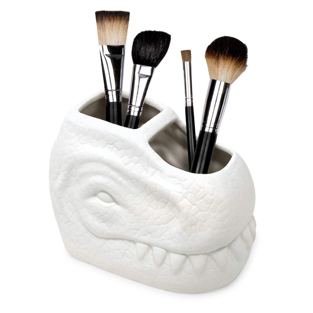 Isaac Jacobs White Ceramic Dinosaur Toothbrush Holder - 2 Compartment Bathroom Organizer for Toothbrushes, Makeup Brushes & Utensils | Stylish Storage for Bathroom Counter, Kitchen, Office Desk & Craft Room | Dinosaur-Themed Home Decor Accessory (White)
