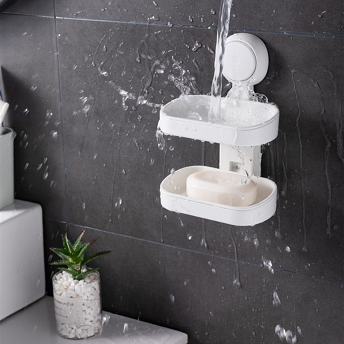 Double Layer Suction Cup Soap Dish - Waterproof Wall Mount Soap Holder for Bathroom, Shower, Kitchen Sink - No Drill Needed, Removable & Durable (White) - Perfect for Small Spaces, RV, Apartment & Dorm Use