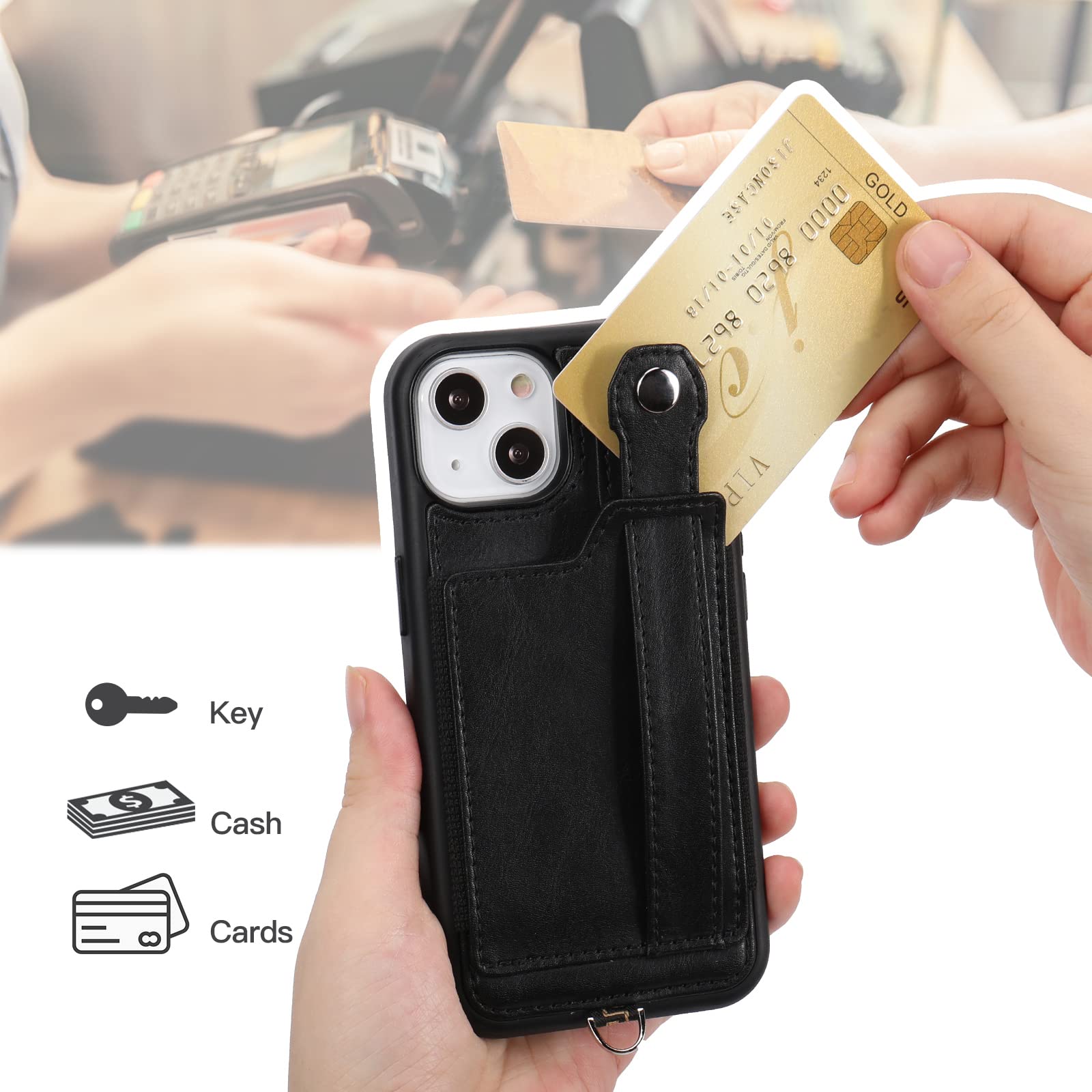 TOOVREN iPhone 13 Wallet Case with Card Holder & Phone Lanyard - PU Leather Protective Cover with Stand for iPhone 13 (6.1 Inch) - Black - Perfect for Everyday Use, Travel & Hands-Free Convenience (Men & Women)