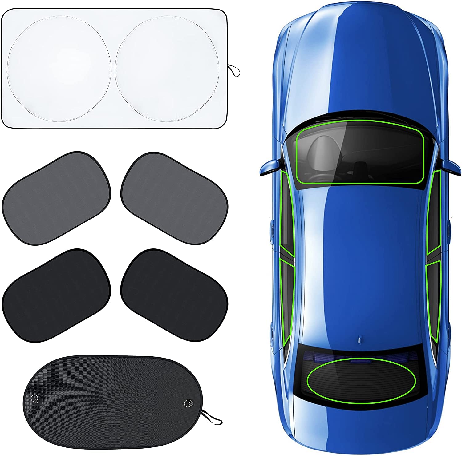20”x12” Car Windshield Sun Shade + Side Window Shades (4 Pack) & 39”x17” Rear Window Sun Shade | Complete UV Protection for Baby & Child Safety | Car Interior Accessories for Summer Heat | Perfect for Road Trips, School Runs & Family Travel