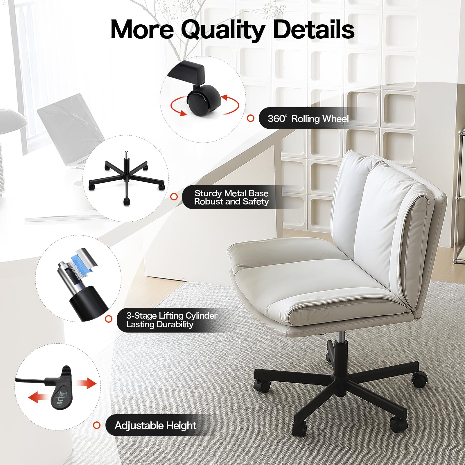 LEAGOO Criss Cross Chair with Wheels - Armless Swivel Office Chair with Tech Fabric & Wide Seat, Height Adjustable Computer Task Chair for Home Office, Bedroom, Makeup | Perfect for Cross-Legged Sitting, Working from Home & Small Spaces