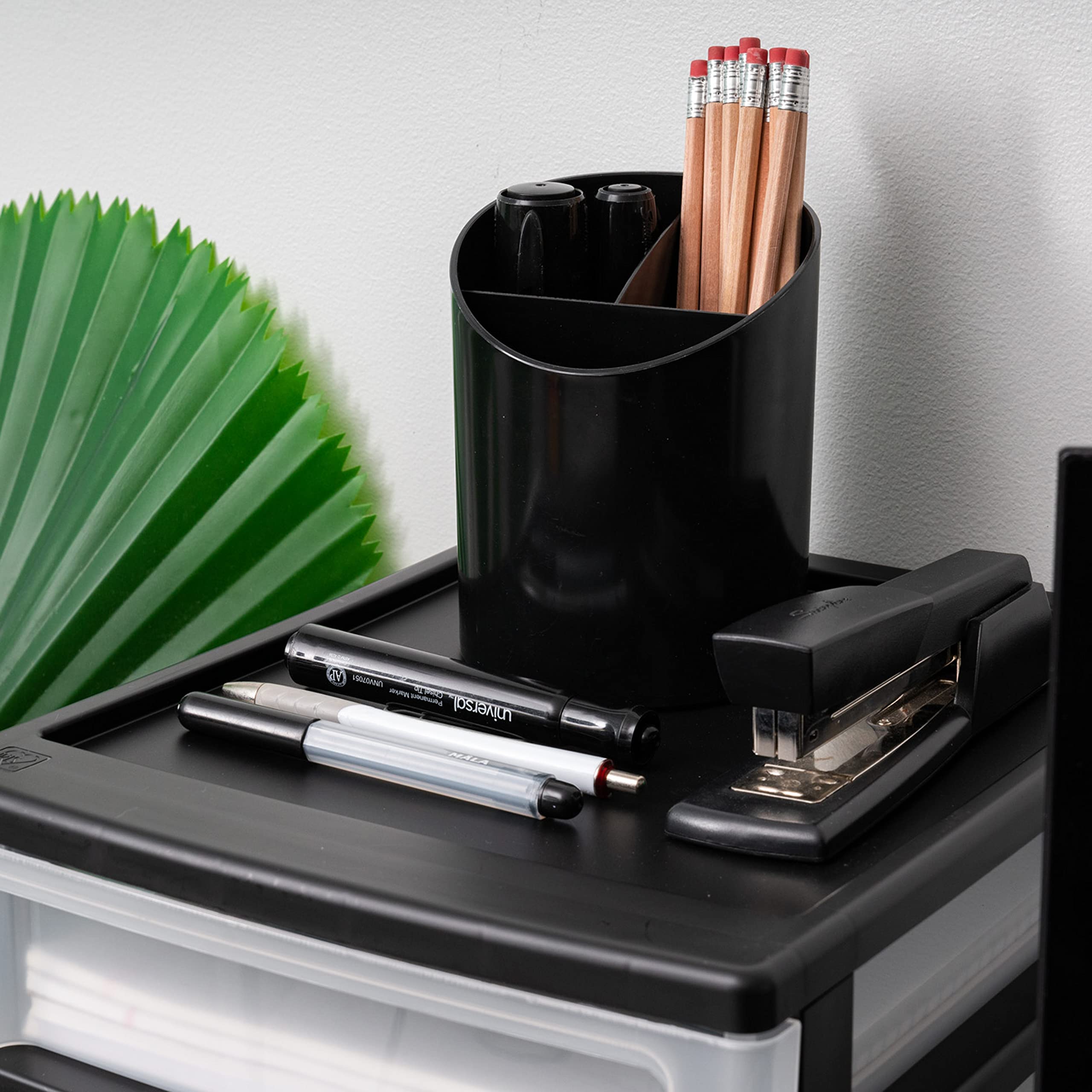 IRIS USA 3-Drawer Plastic Stacking Desk Organizer - Black Medium Storage Bin for Makeup, Nail Polish, Bathroom, Stationery, Crafts, Kitchen, Office & Garage - Perfect for Small Space Organization & Decluttering