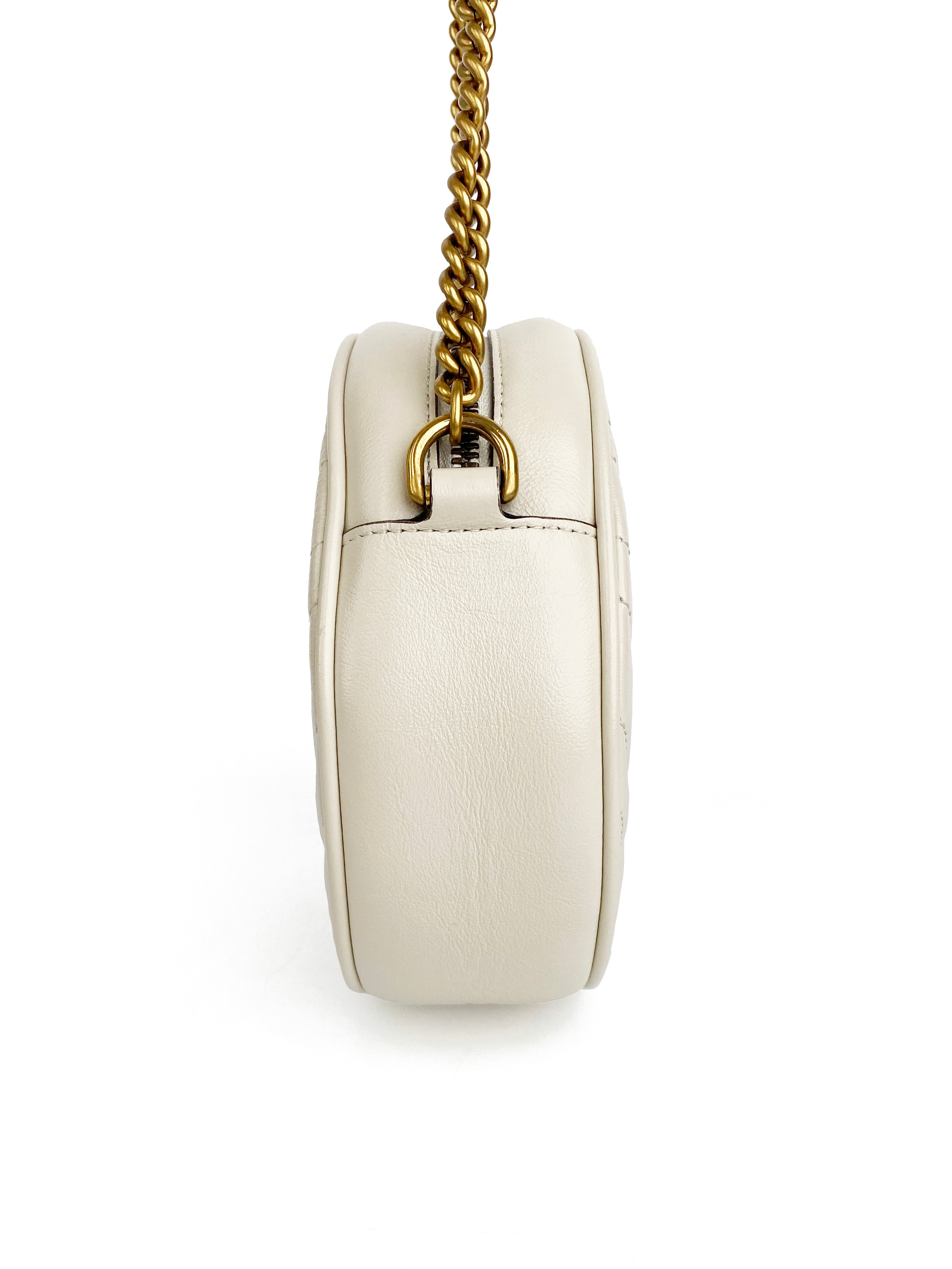 Gucci White Mini Round Marmont Shoulder Bag for Women - Luxury Leather Crossbody Purse with Gold Chain, Perfect for Date Night & Evening Events