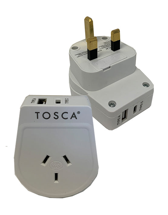 Tosca TCA061 USB A+C Adapter - UK & Hong Kong Plug - White - Fast Charging for Travel, Home & Office