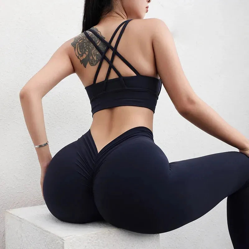 SOISOU Women's Nylon Yoga Set - Gym Tracksuit with Removable Chest Pad & V-Shaped Hip Support - High Waist Workout Leggings & Sports Bra - Perfect for Yoga, Pilates, Gym & Running