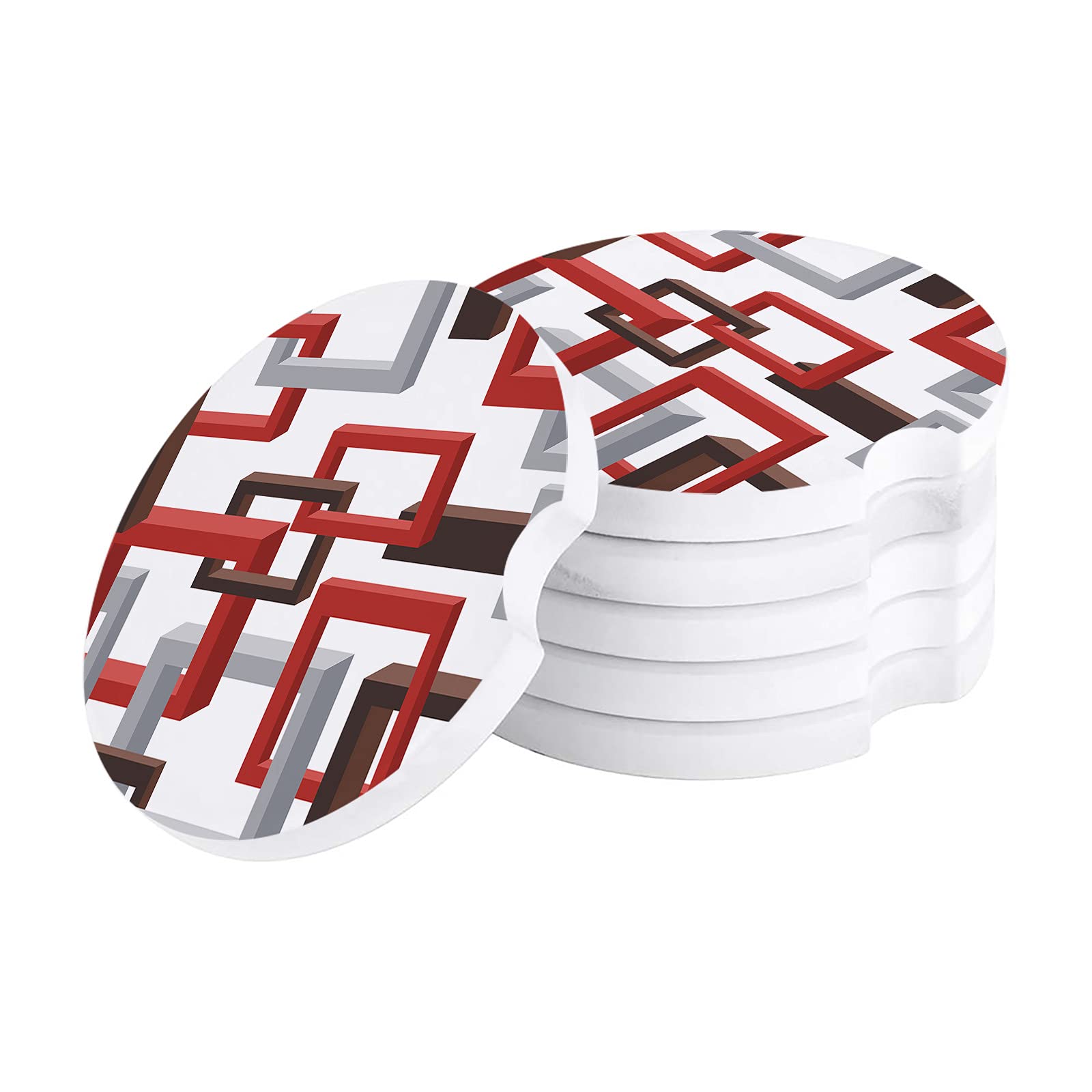 Mid Century Geometric Ceramic Car Coasters - 6 Pack Absorbent Cup Holders with Finger Notch for Easy Removal (Red, Black, Grey) - Perfect for Coffee, Drinks & Car Accessories Organization