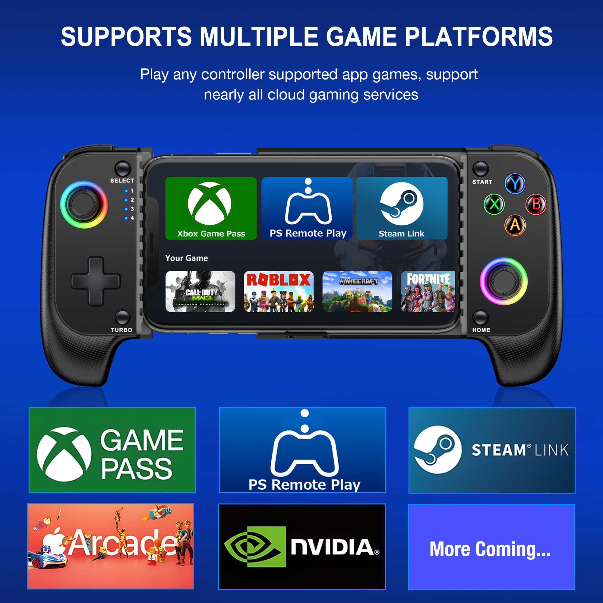 Wireless Mobile Game Controller for iPhone/Android - RGB Gaming Pad for Xbox/PS/Steam - Perfect for Minecraft & Mobile Gaming
