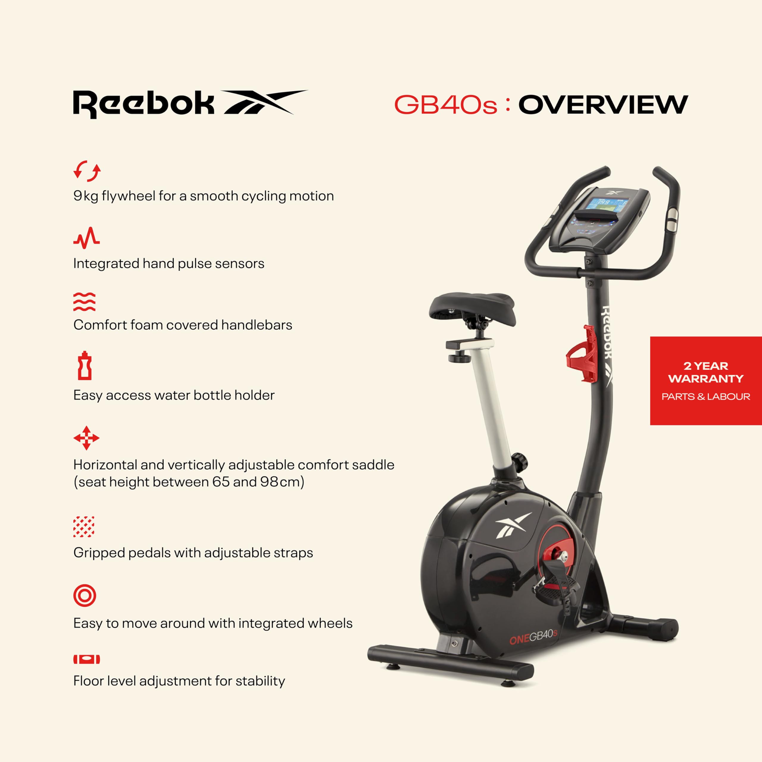 Reebok Fitness Stationary Bike - Bluetooth Indoor Cycling Bike with 24 Resistance Levels & 12 Workout Programs | Upright Exercise Bike with Gel Pad Saddle for Home Gym, Cardio Training & Weight Loss