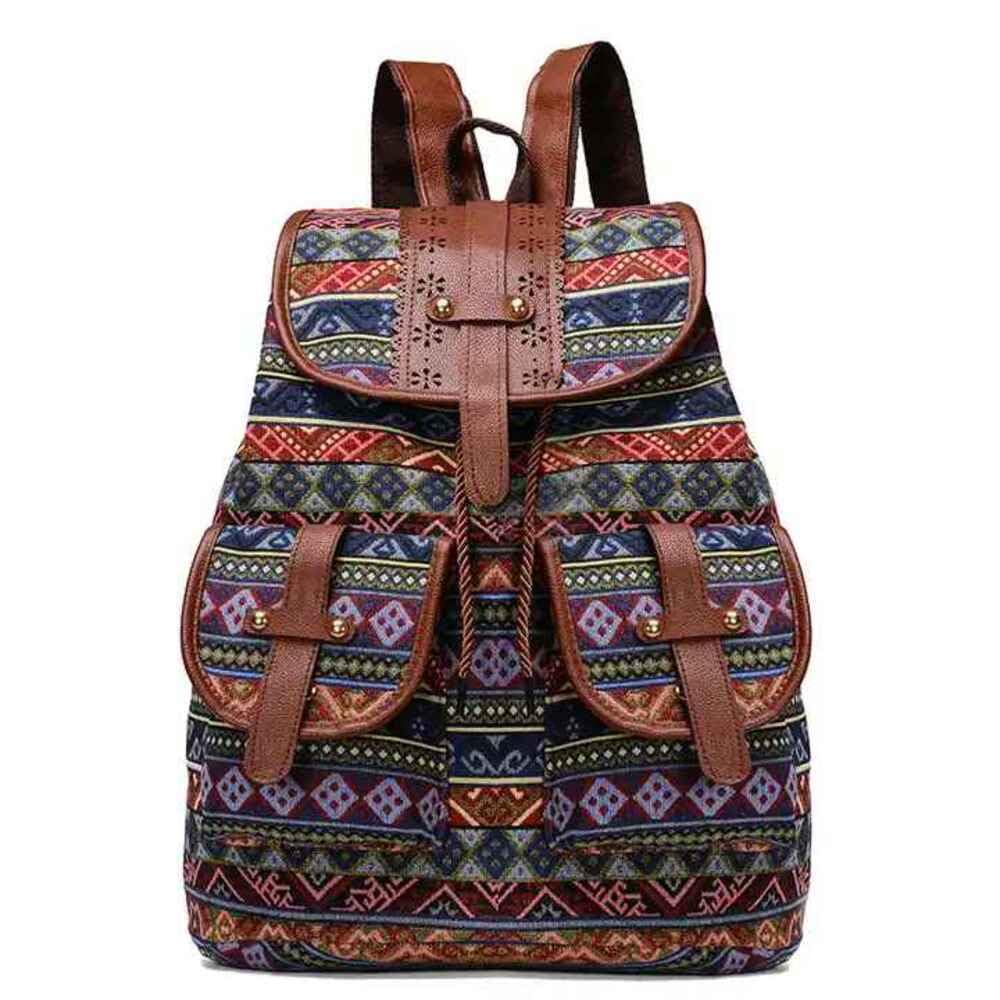 Bohemian Women's Canvas Backpack - Vintage Hippie Drawstring Daypack for Travel, Casual Use & Outdoor Adventures (Large, Landscape Design) - Perfect for Hiking, Festivals & Daily Commute