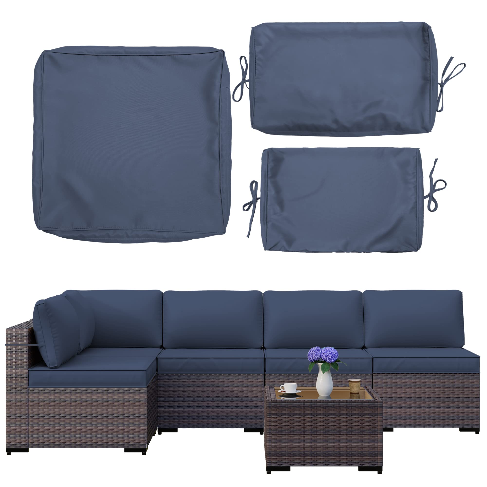 11-Piece Outdoor Cushion Covers Set - Waterproof Patio Furniture Replacement Slipcovers for Sofa, Chair & Back Pillows (Navy Blue) - Perfect for Garden, Deck, Poolside & Outdoor Lounge