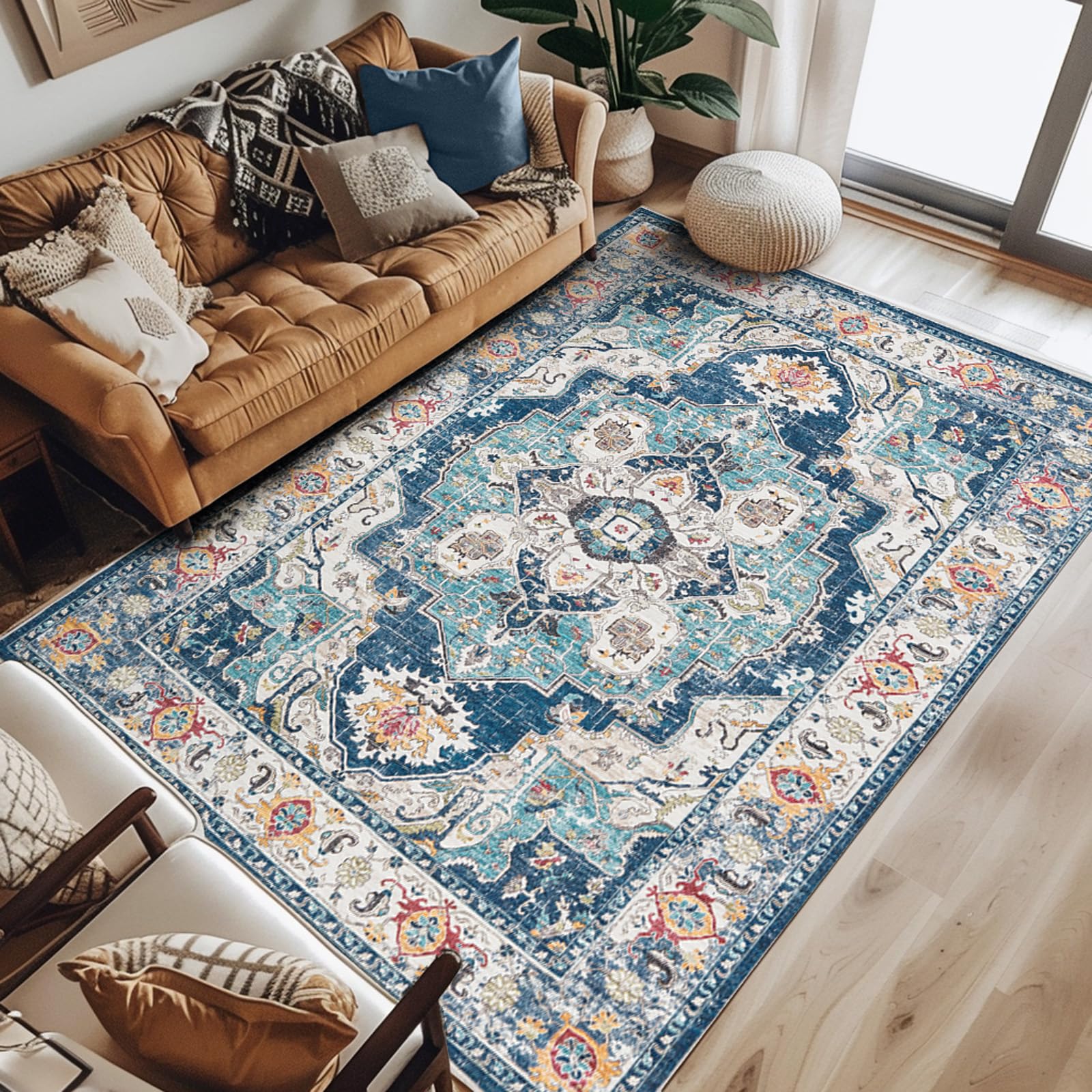 Jinchan 6x9 Washable Vintage Area Rug - Non Slip Distressed Navy Blue Indoor Carpet for Living Room, Bedroom, Kitchen & Dining | Lightweight Thin Floor Cover - Perfect for High Traffic Areas & Pet-Friendly Homes