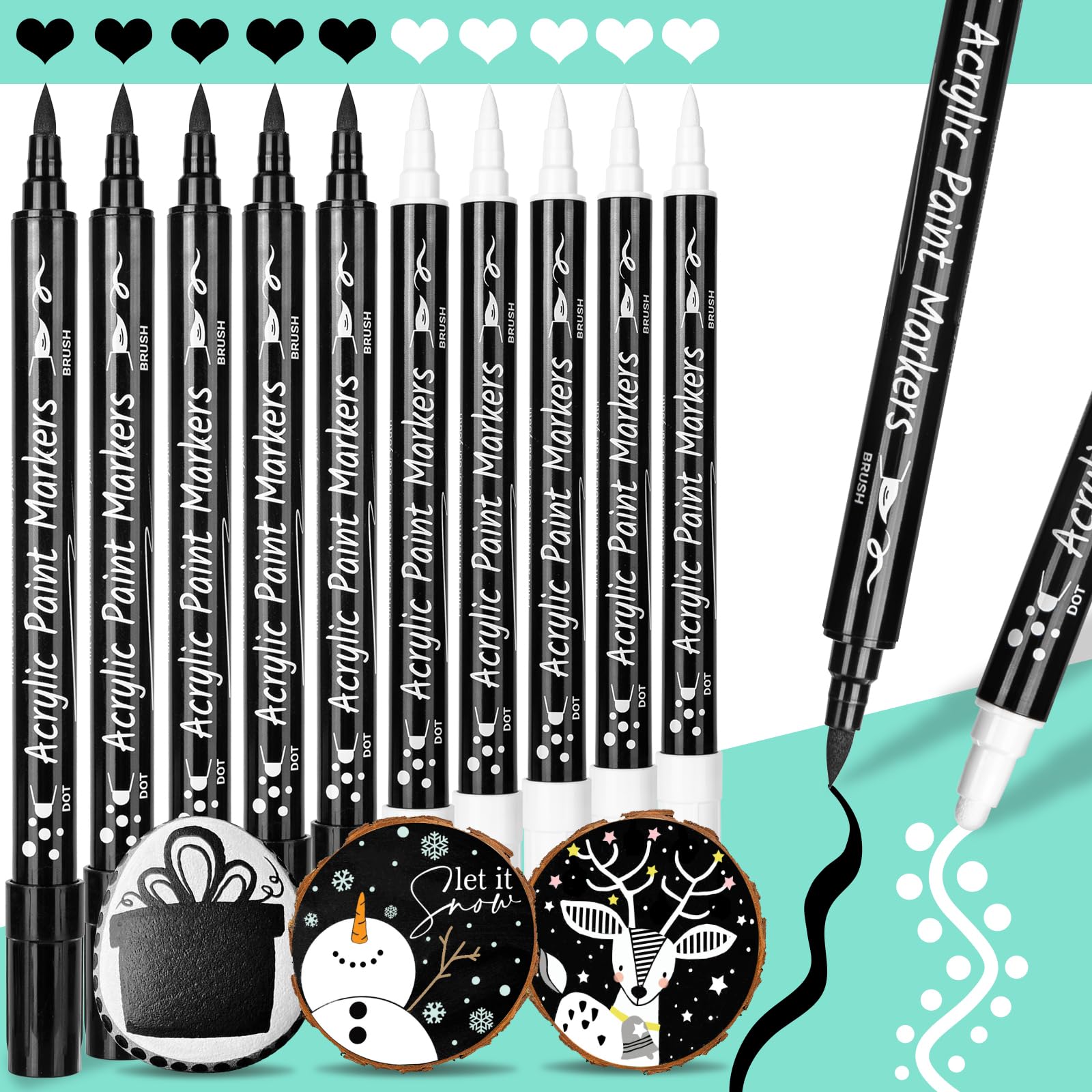 AKARUED 12 Pack Black & White Acrylic Paint Markers - Dual Tip Brush & Fine Permanent Markers for Paper, Rock Painting, Wood Signs, Metal, Plastic & Ceramic - Perfect for DIY Crafts, Home Decor & Art Projects