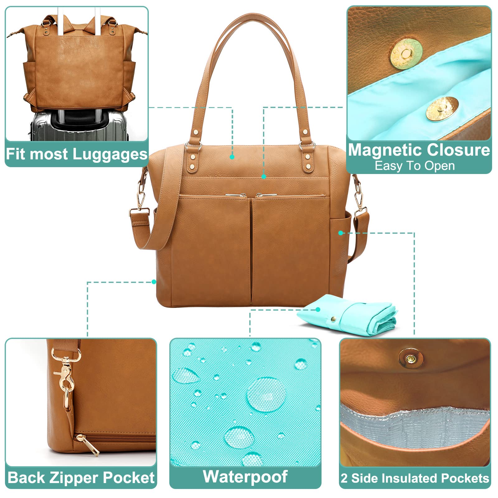 Premium MOMINSIDE Diaper Bag Tote with 14 Pockets & 4 Insulated Pockets - Large Unisex Baby Changing Station Backpack for Parents - Perfect for Travel, Daycare & Family Outings (Brown)