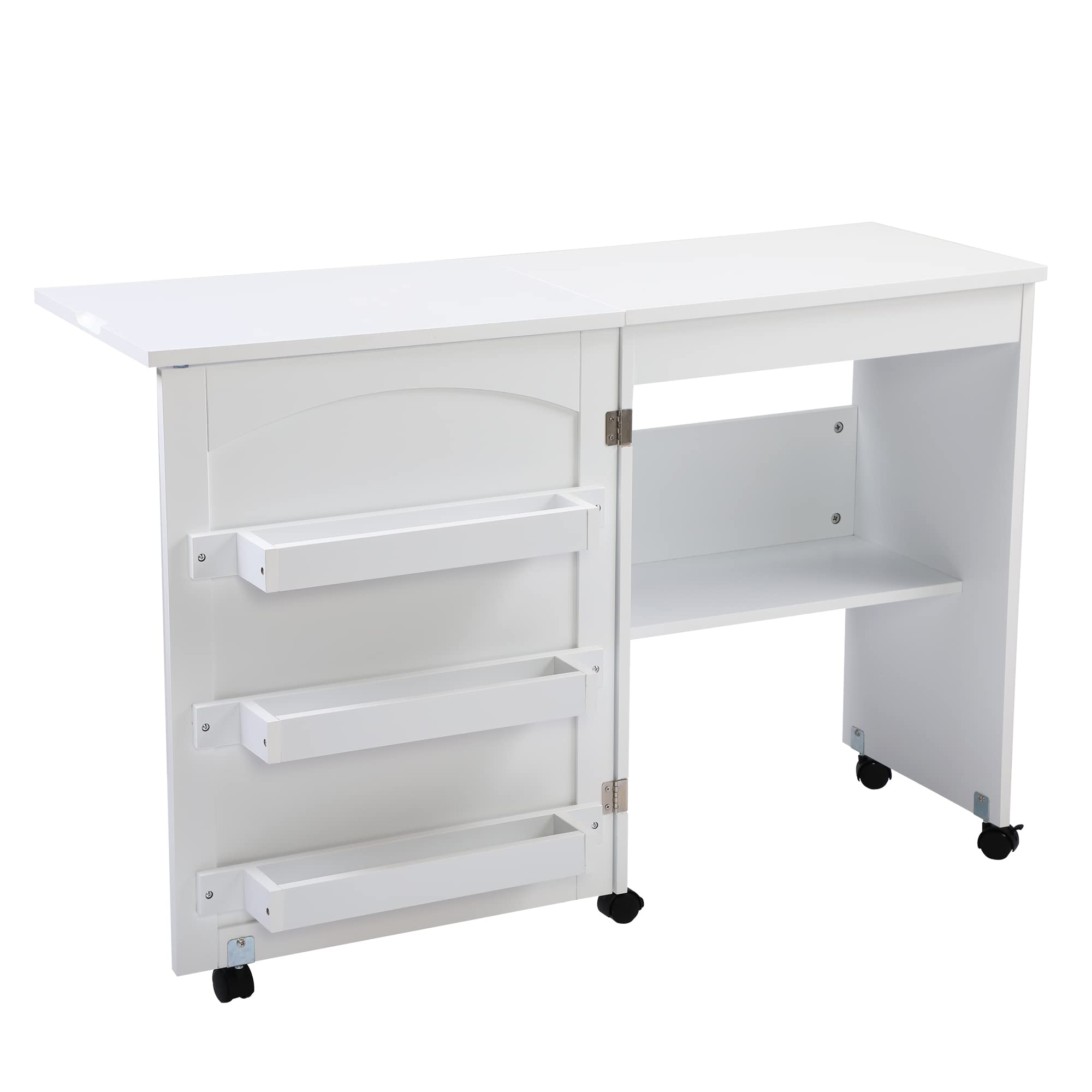 Compact Folding Sewing Craft Table with Storage Shelf & 3 Trays - White Sewing Machine Cabinet for Quilting, DIY Projects & Home Crafting Workspace
