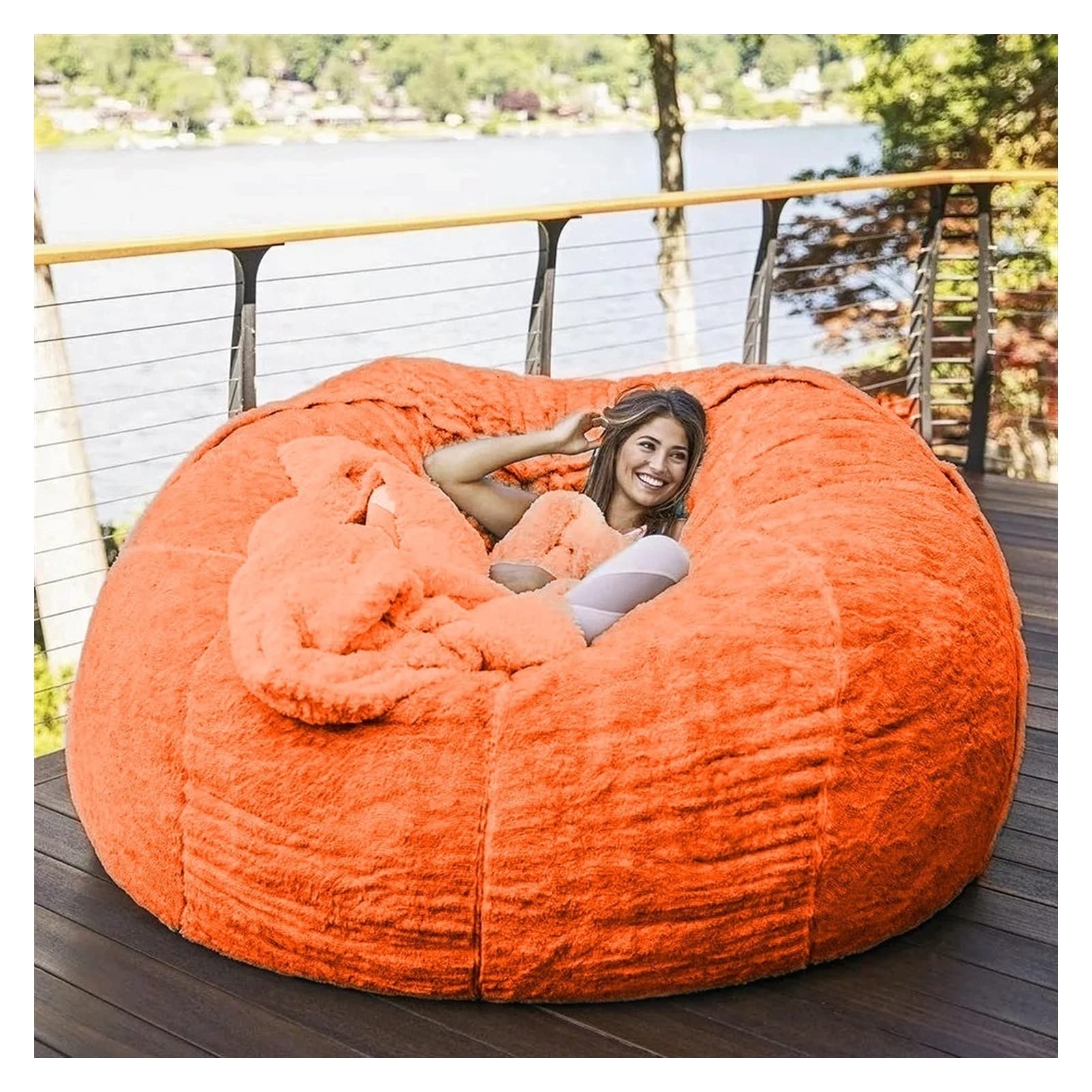 5 6 7 FT Velvet Bean Bag Chair Cover - Soft Fluffy PV Fabric Replacement Slipcover for Round Sofa Bed - Orange Living Room Furniture Accessory (Perfect for Lounging, Gaming & Relaxing in Bedroom or Dorm)