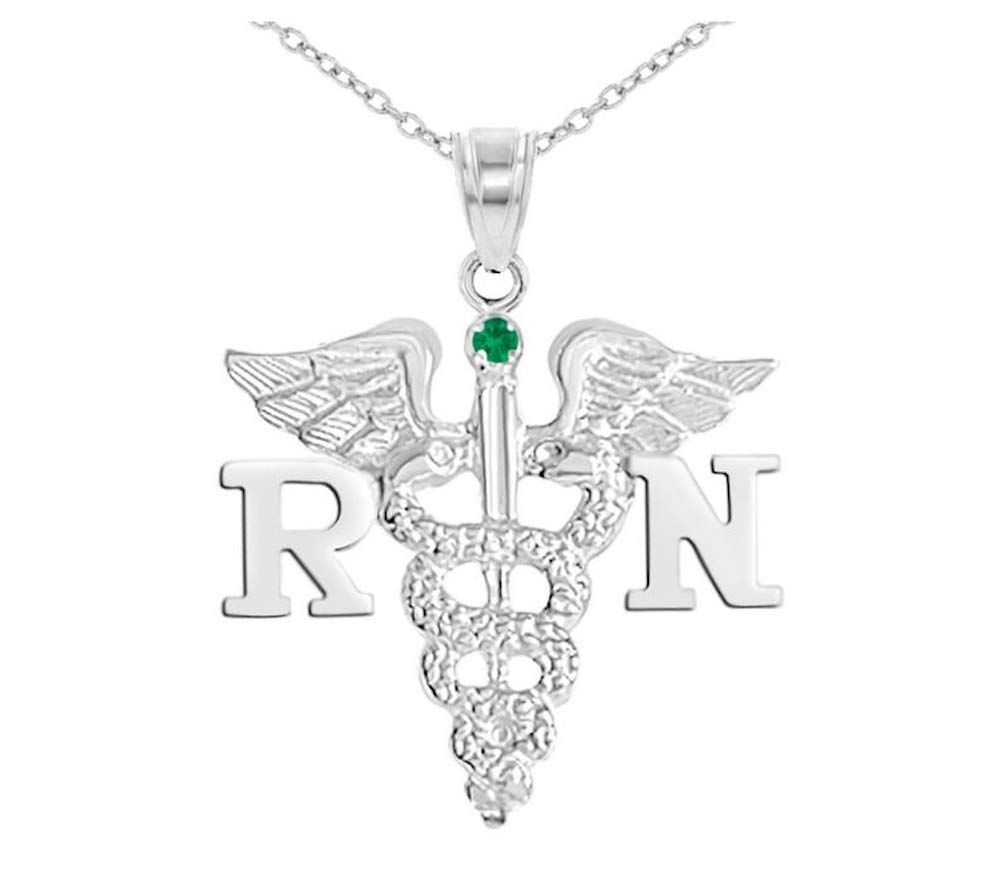 RN Graduation Necklace - Silver Emerald Nursing Pin Jewelry for Registered Nurses | Perfect for Nursing School Graduation Gifts & Healthcare Professionals