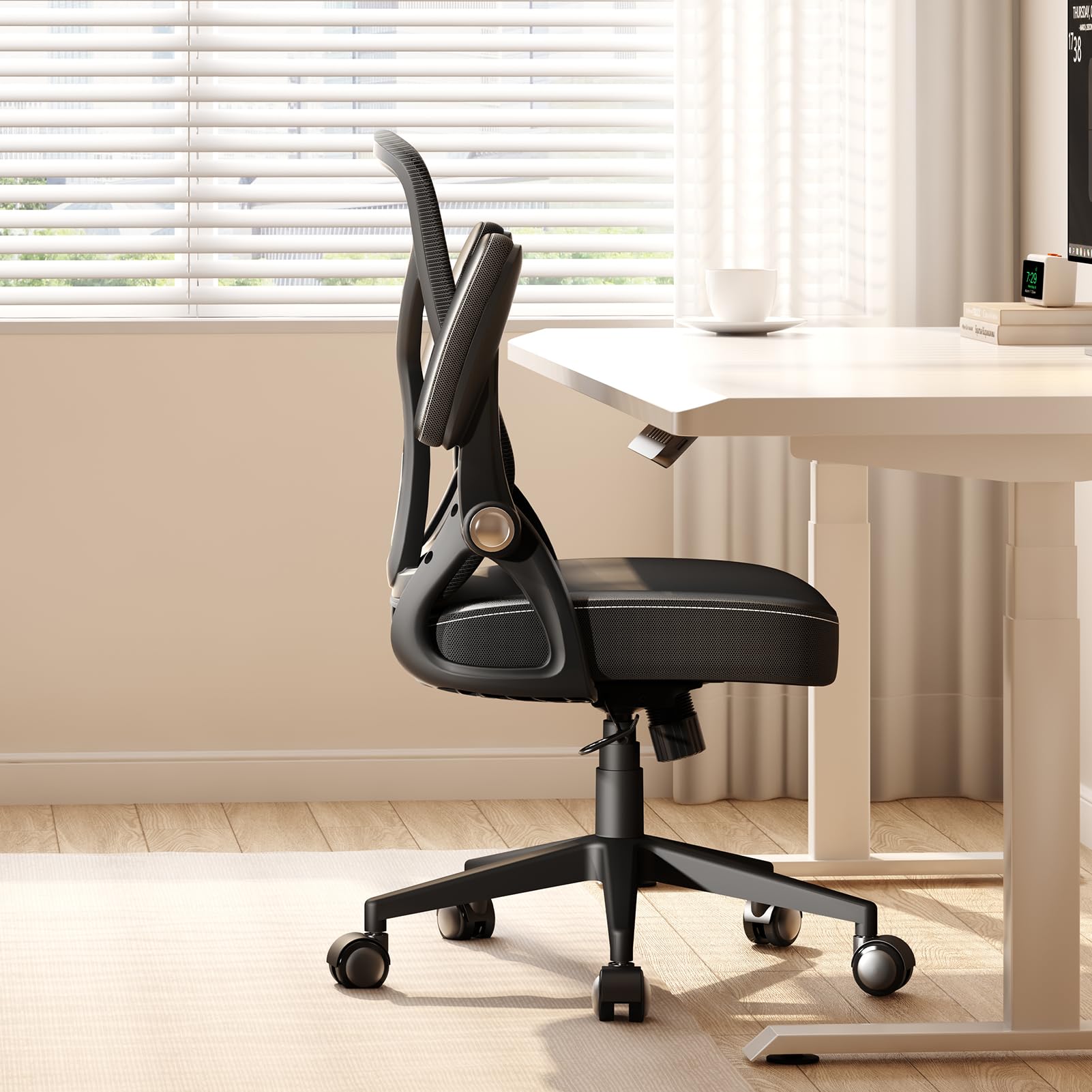 Ergonomic Office Desk Chair - PU Leather Home Office Chair with Mesh Mid-Back & Flip-Up Armrests, Black Executive Task Chair for Computer Work, Gaming & Long Sitting Comfort
