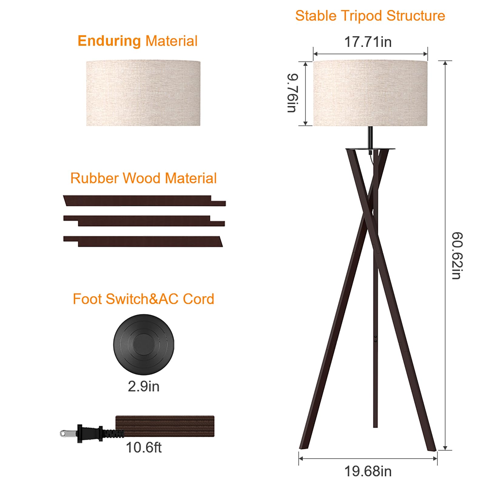 LEPOWER Mid Century Wood Tripod Floor Lamp with Flaxen Shade & E26 Base - Modern Standing Light for Living Room, Bedroom, Office | Perfect for Reading Nook, Home Decor & Workspace Lighting