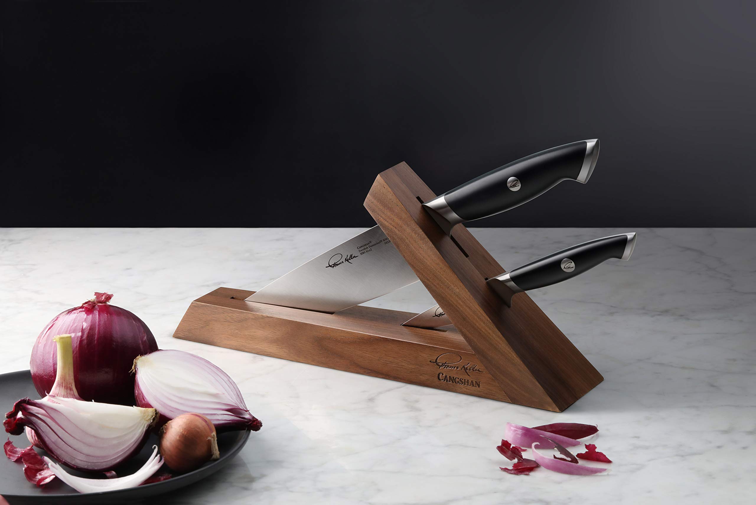 Cangshan Thomas Keller Signature Collection Swedish Powder Steel Forged 3-Piece TAI Block Knife Set - Walnut Handle, Black Blade - Perfect for Professional Chefs & Home Cooking