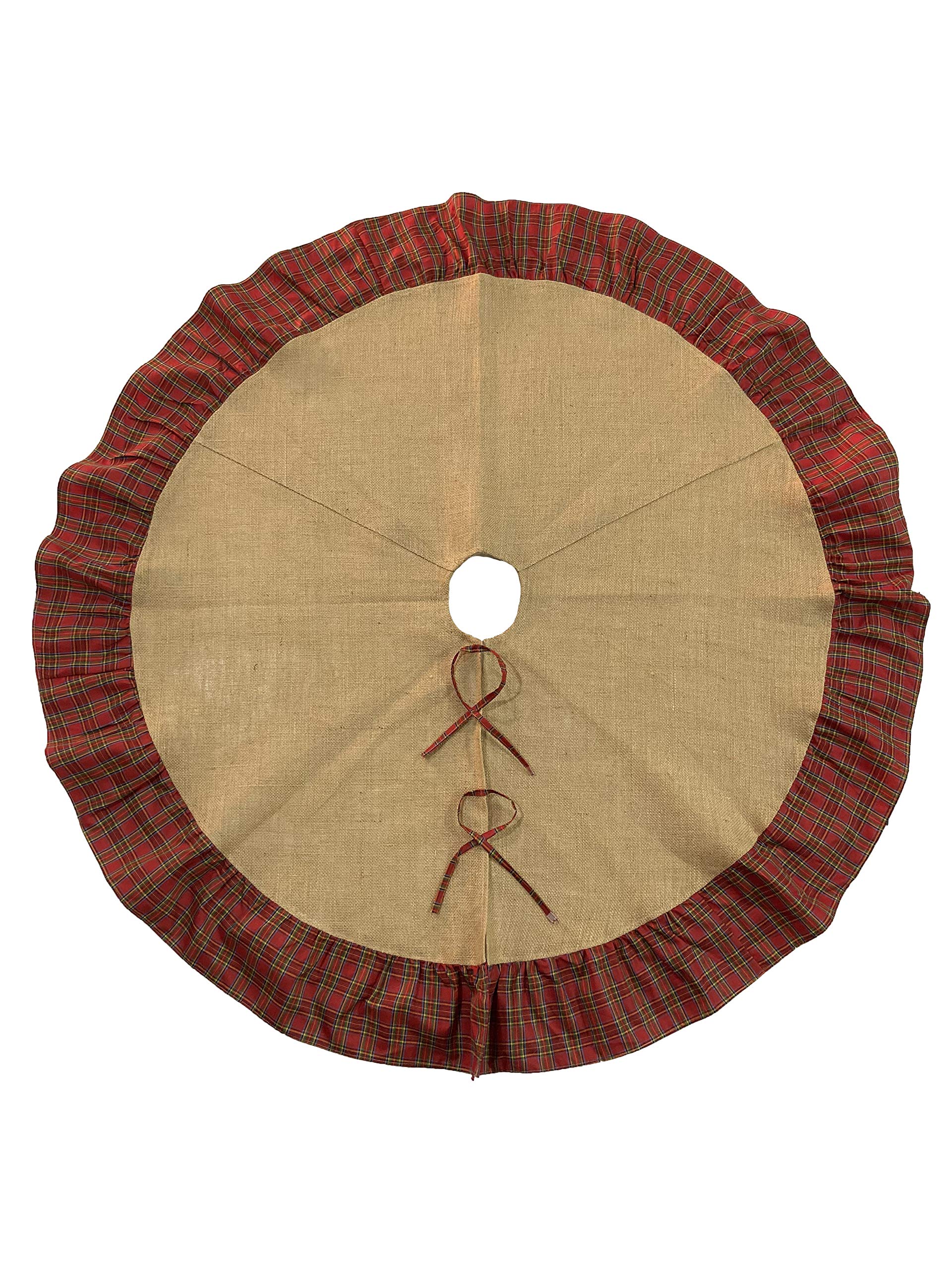48 Inch Rustic Burlap Christmas Tree Skirt with Red & Green Tartan Border - Farmhouse Holiday Decor for Christmas, Easter & Seasonal Home Decoration - Perfect for Fireplace Mantel, Living Room & Cozy Winter Gatherings