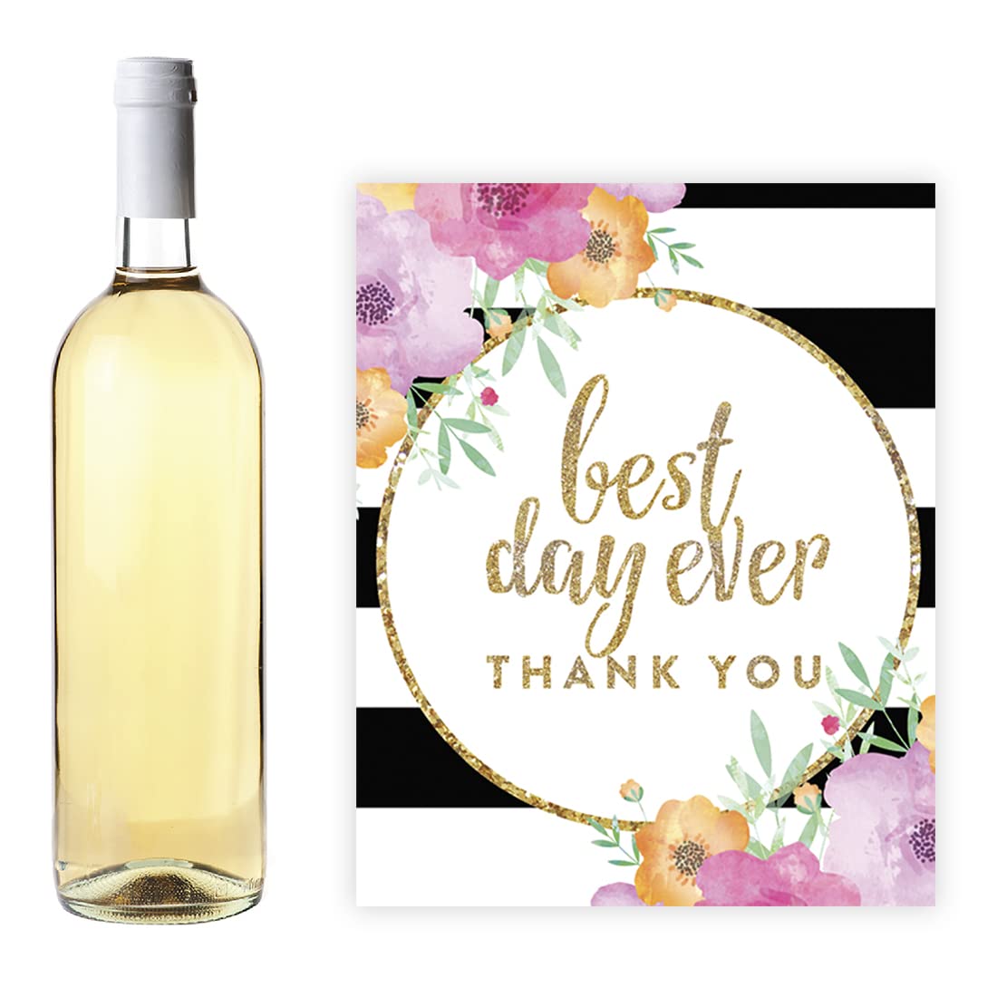 Andaz Press Floral Gold Glitter Wedding Bottle Label Stickers - 20 Pack Elegant Wine Bottle Decals for Wedding, Bridal Shower, Anniversary & Party Decorations