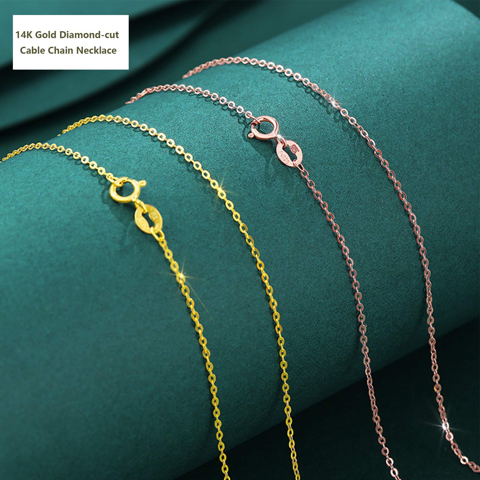 14K Solid Gold Cable Chain Necklace - 1mm Diamond Cut Adjustable Link Chain (16
