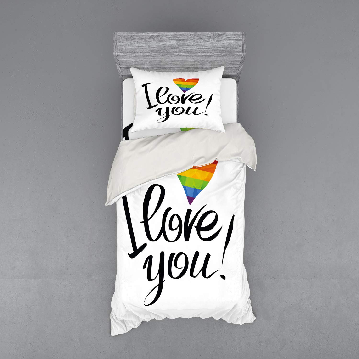 Ambesonne Pride Duvet Cover Set - Rainbow Heart Design with Polygonal Effect for LGBTQ+ Couples | 3-Piece Bedding Set Includes Sham & Fitted Sheet | Twin Size Multicolor | Perfect for Pride Month, Anniversary Gifts & Same-Sex Weddings