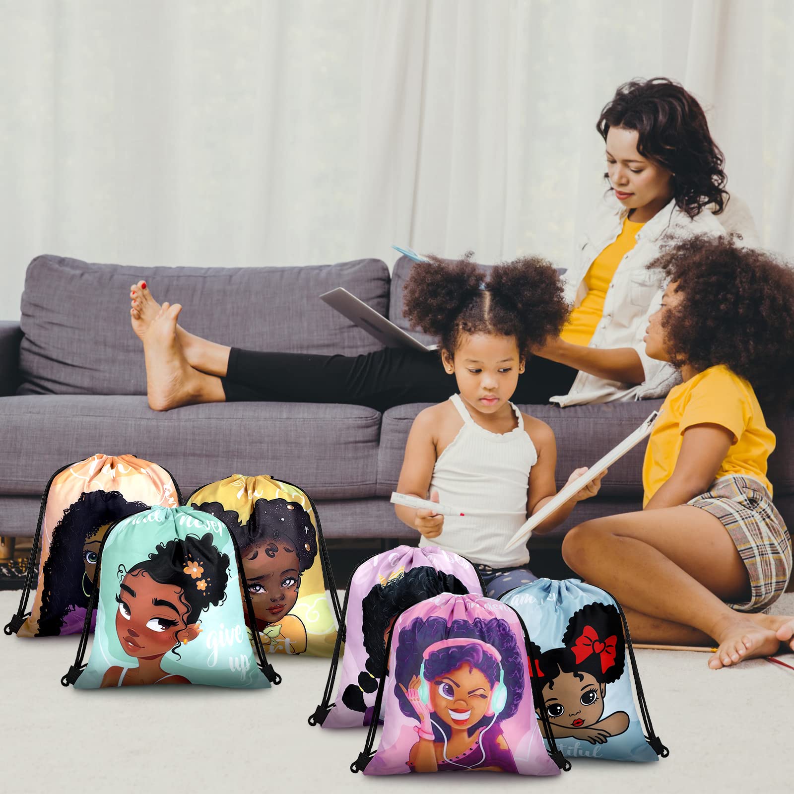 18-Piece Black Girl Kids Party Favor Drawstring Bags - African American Themed Backpacks for Birthday Gifts, School Supplies & Party Favors - Perfect for Birthday Parties, Classroom Rewards & Special Events