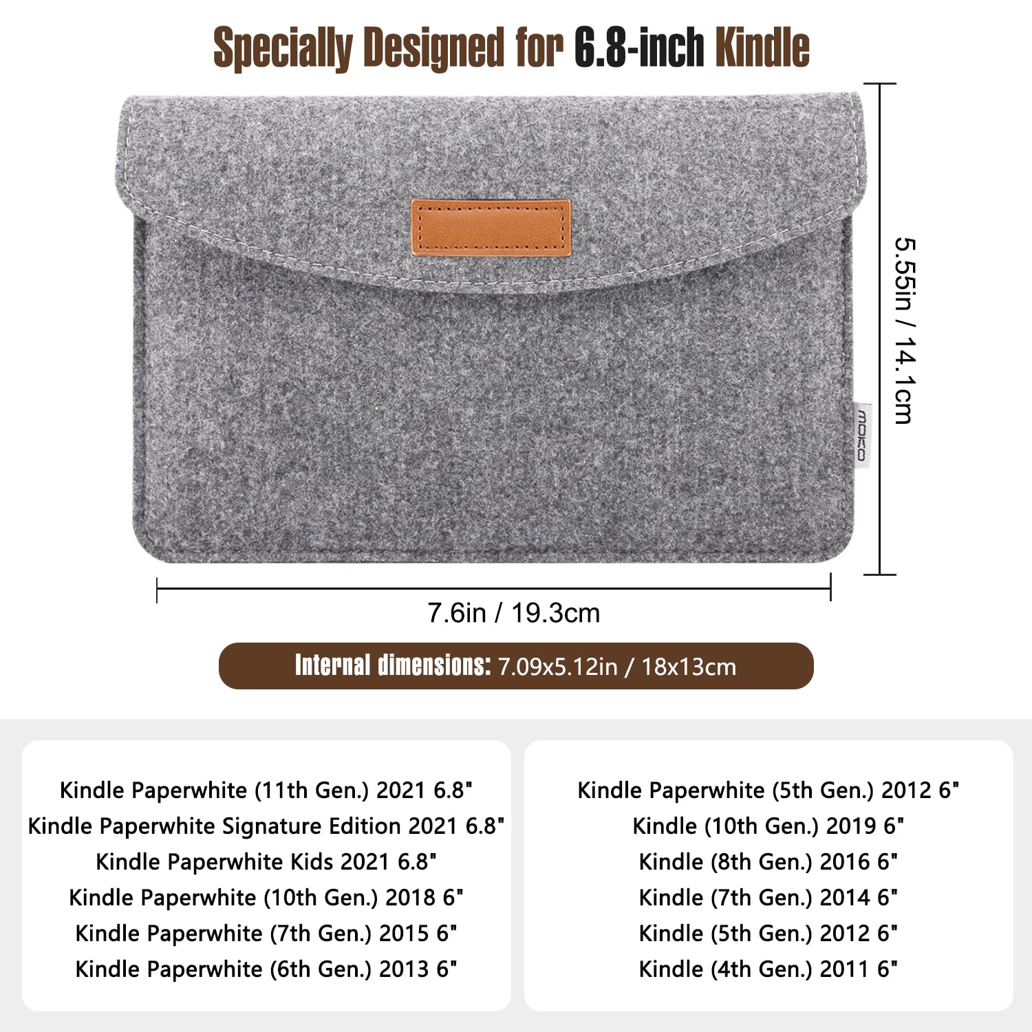 MoKo Premium Felt Protective Sleeve Case for 6-7 Inch Kindle E-Readers - Compatible with Kindle Paperwhite 11th Gen 2021 (6.8