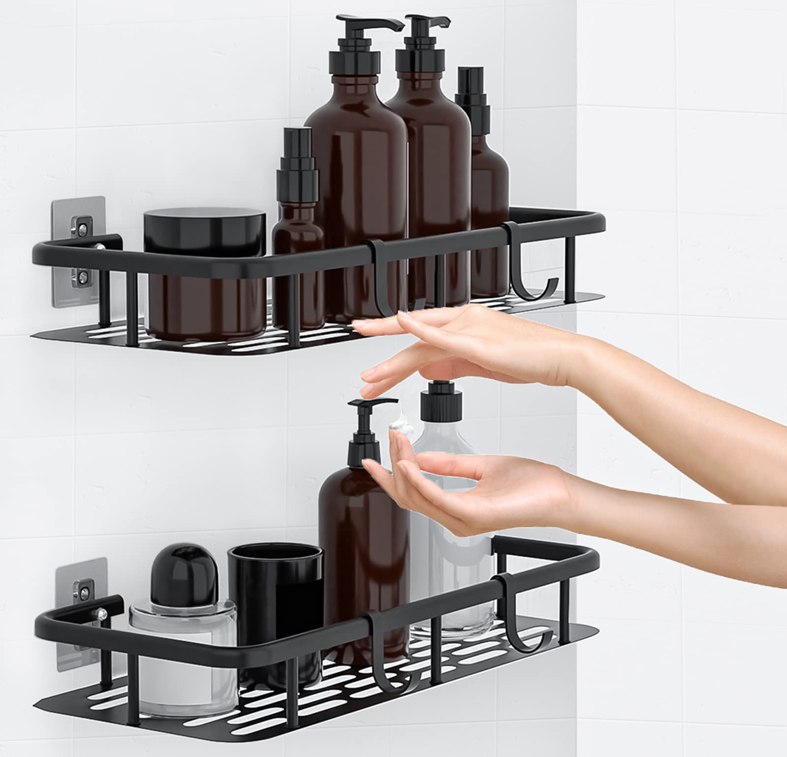 Self-Adhesive Black Shower Shelves with Removable Hooks - 2 Pack Wall Mount Aluminum Shower Caddy, Bathroom Organizer for Toiletries - Perfect for Small Spaces, Apartments & Dorm Rooms