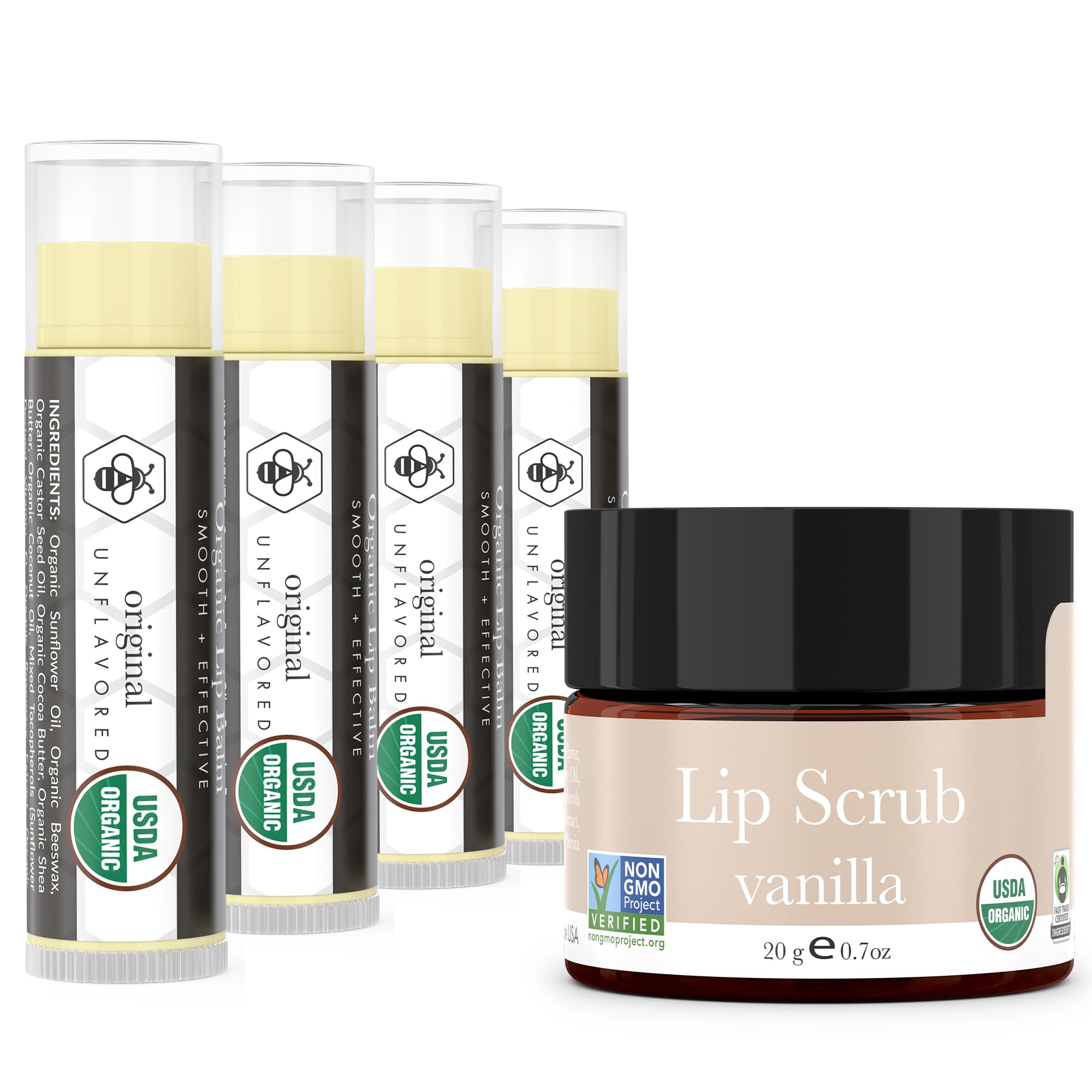 Organic Lip Balm & Scrub - Vanilla Chapstick for Dry Lips, USA Made