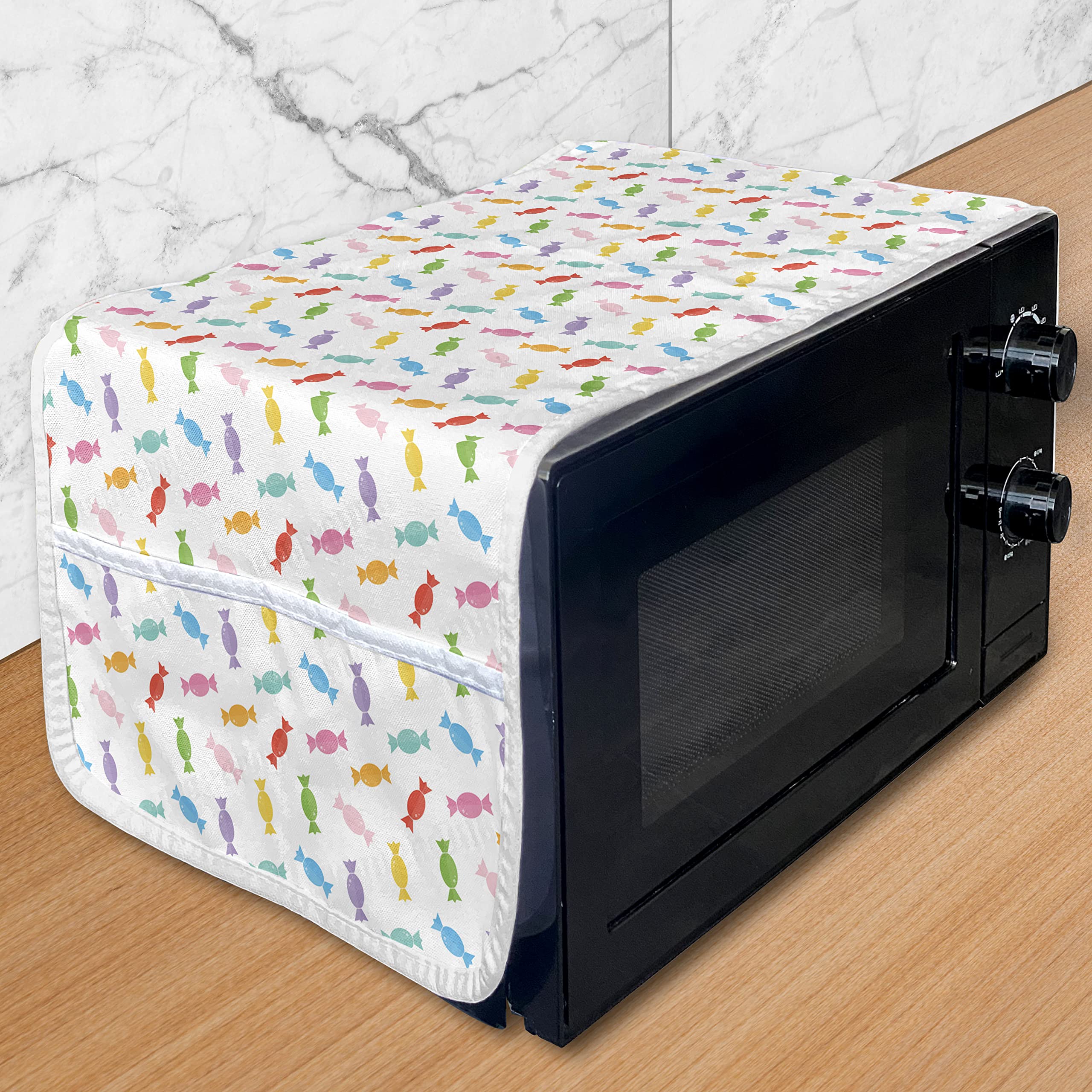 Ambesonne Funny Microwave Oven Cover - Colorful Candies Dessert Design, Water Resistant Kitchen Organizer with Pockets, 36