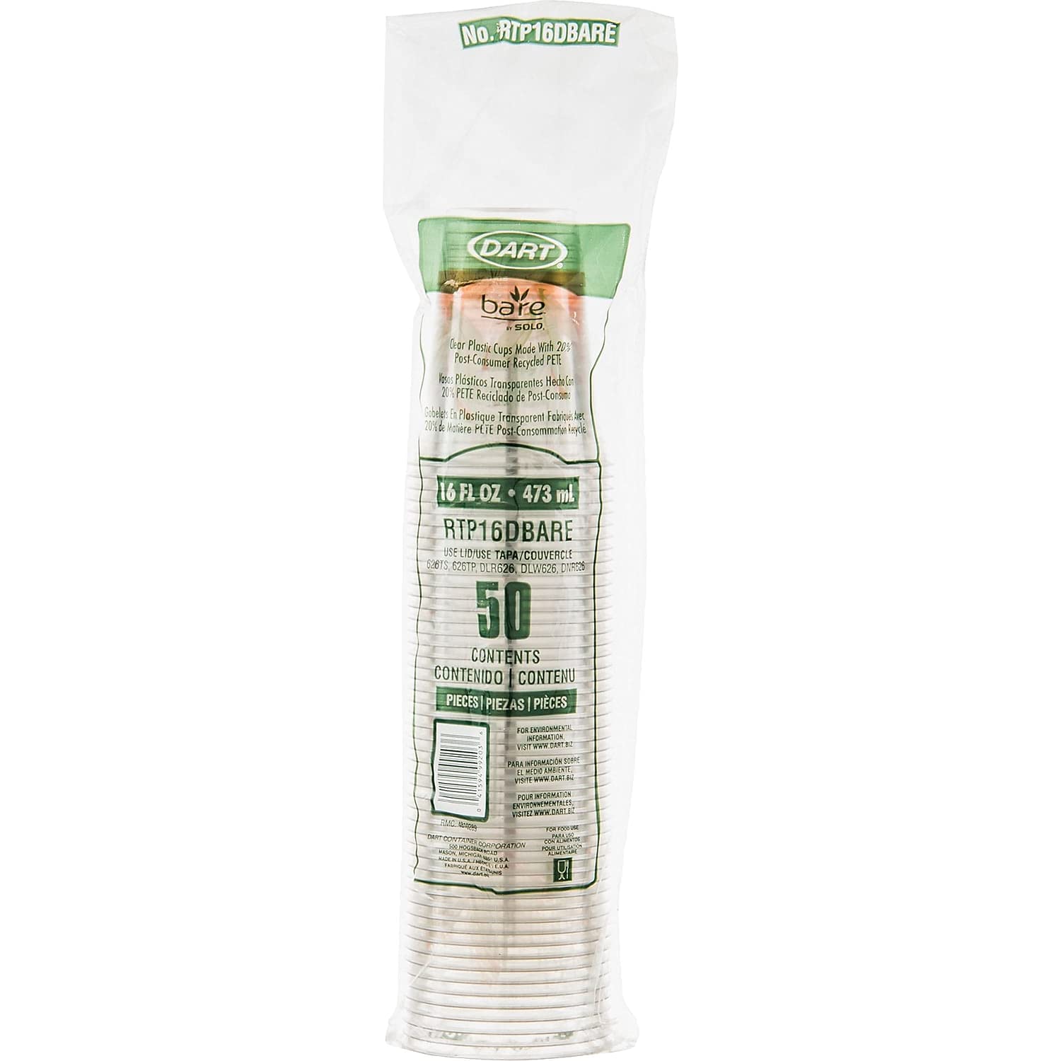 **Dart RTP16DBARE 16 oz Clear RPET Plastic Cups - Eco-Friendly, BPA-Free, Printed (Case of 1000) - Perfect for Parties, Restaurants, and Events**