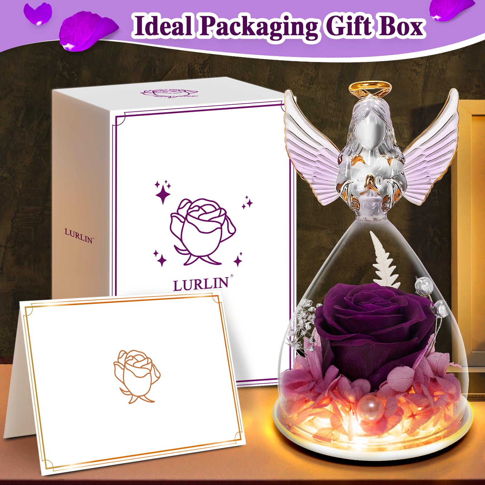 LURLIN Preserved Rose & LED Angel Figurine Gift Set - Birthday, Anniversary Present for Women, Mom, Grandma, Wife, Teacher, Nurse | Romantic Home Decor, Valentine's Day Gift, Wedding Table Centerpiece